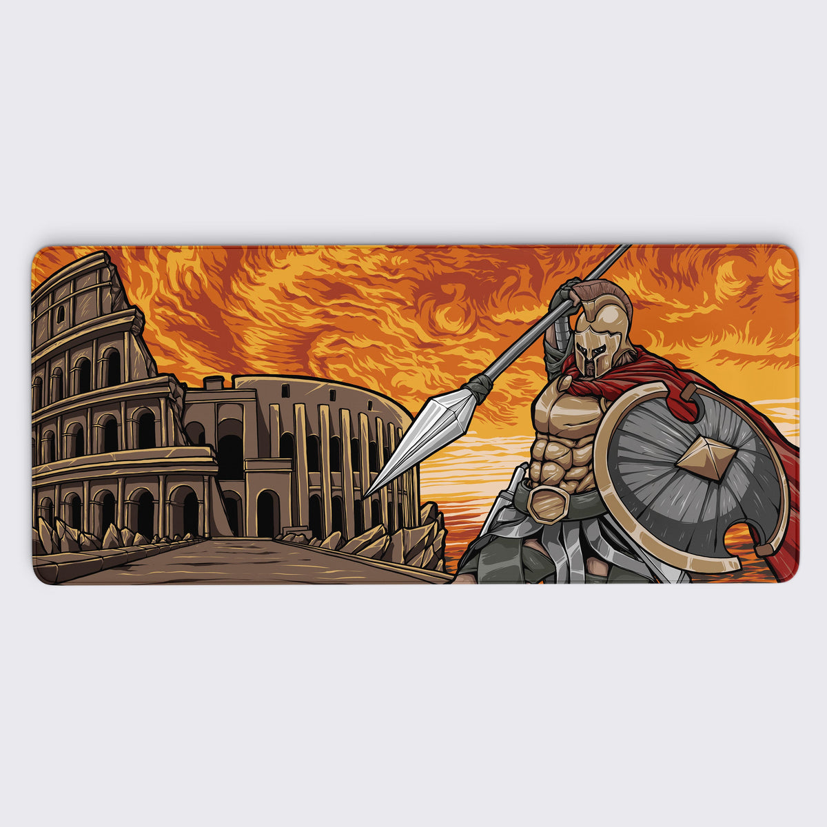a dynamic Spartan warrior armed with a spear and shield, standing in front of the iconic Roman Colosseum. The vibrant orange sky adds a fiery intensity, evoking the heat of battle and the strength of ancient warriors. Perfect for history enthusiasts or fans of epic designs, it brings power and character to any workspace.