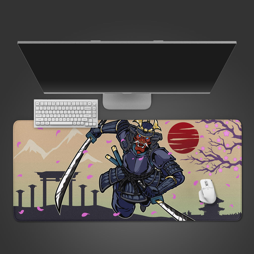 Oni Samurai Desk Mat, Japanese Samurai with Oni mask gaming large mouse pad, Samurai Large mouse pad, best japanese gaming desk pad