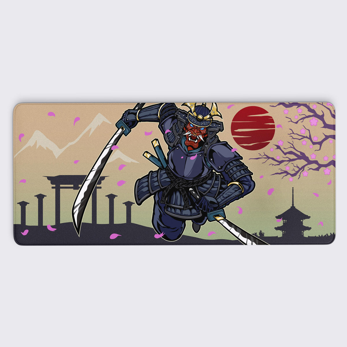 This desk mat showcases a bold samurai-inspired design, featuring a fierce warrior in traditional armor, dual-wielding katanas in a dynamic pose. The background highlights a Japanese setting with silhouettes of Torii gates, mountains, a pagoda, and a cherry blossom tree with falling petals. A red sun adds a dramatic touch, enhancing the traditional Japanese aesthetic. This design merges strength and cultural symbolism, making it ideal for enthusiasts of samurai lore and Japanese art.