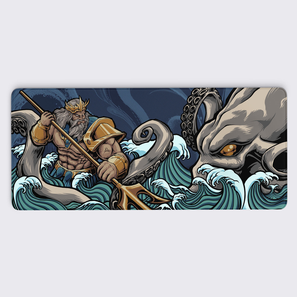 an epic battle between Poseidon, the Greek god of the sea, and a menacing kraken. Poseidon wields his golden trident with muscular authority, clad in ornate armor and a crown, while the kraken’s massive tentacles and glowing eye emerge dramatically from turbulent ocean waves. The dynamic artwork captures intense action and mythological grandeur, making it a bold and captivating centerpiece for any workspace.