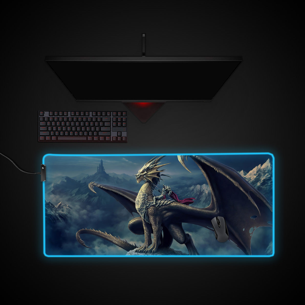 Dragon Rider Mountains Desk Pad desk mat with RGB edge lighting