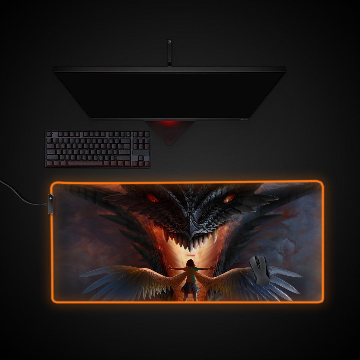 Dragon vs Angel Desk Pad desk mat with RGB edge lighting
