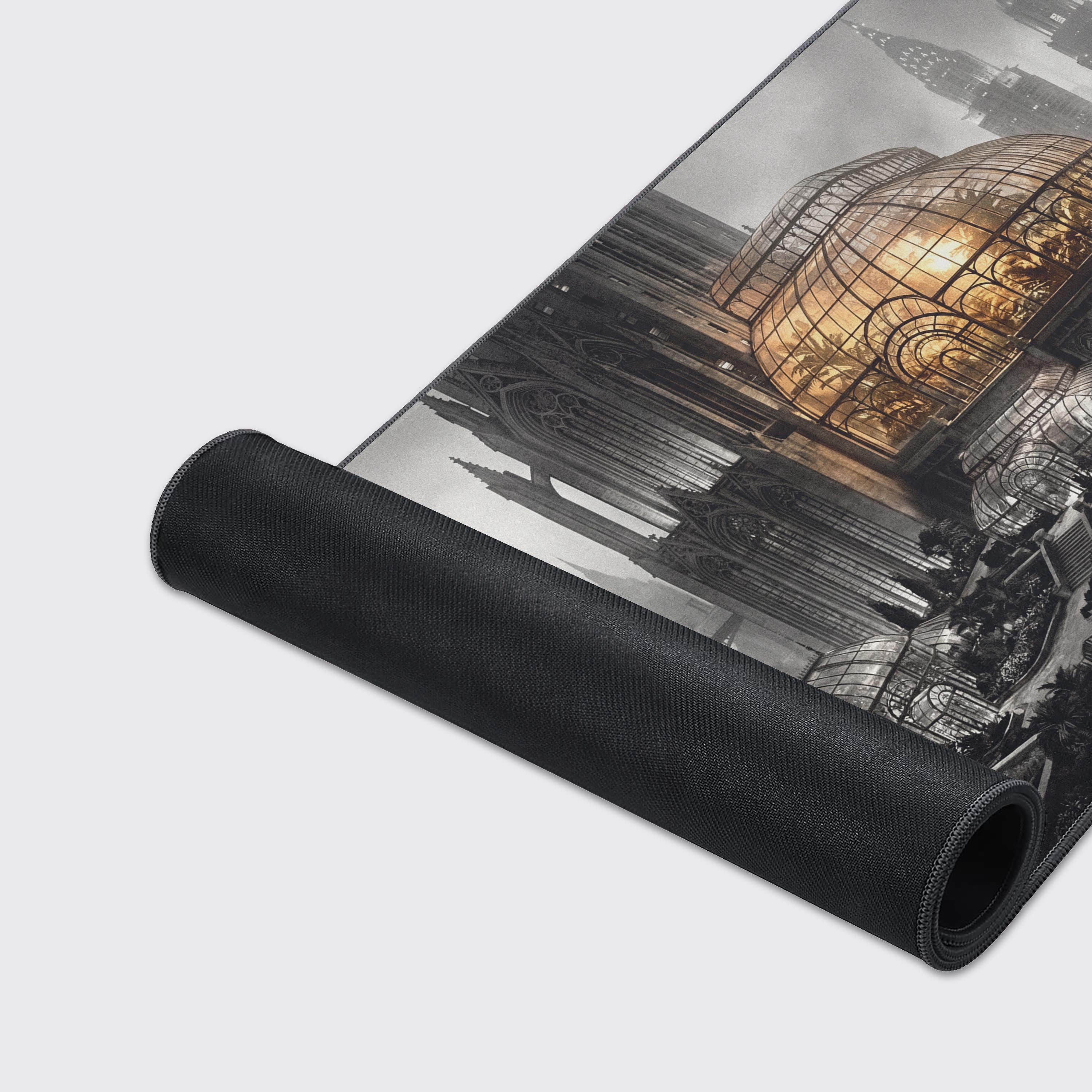 A detailed close-up of the Industrial Eden gaming desk mat, highlighting the smooth fabric texture, detailed city artwork, and durable stitched edges. - Epic Design Pads & Mousepads