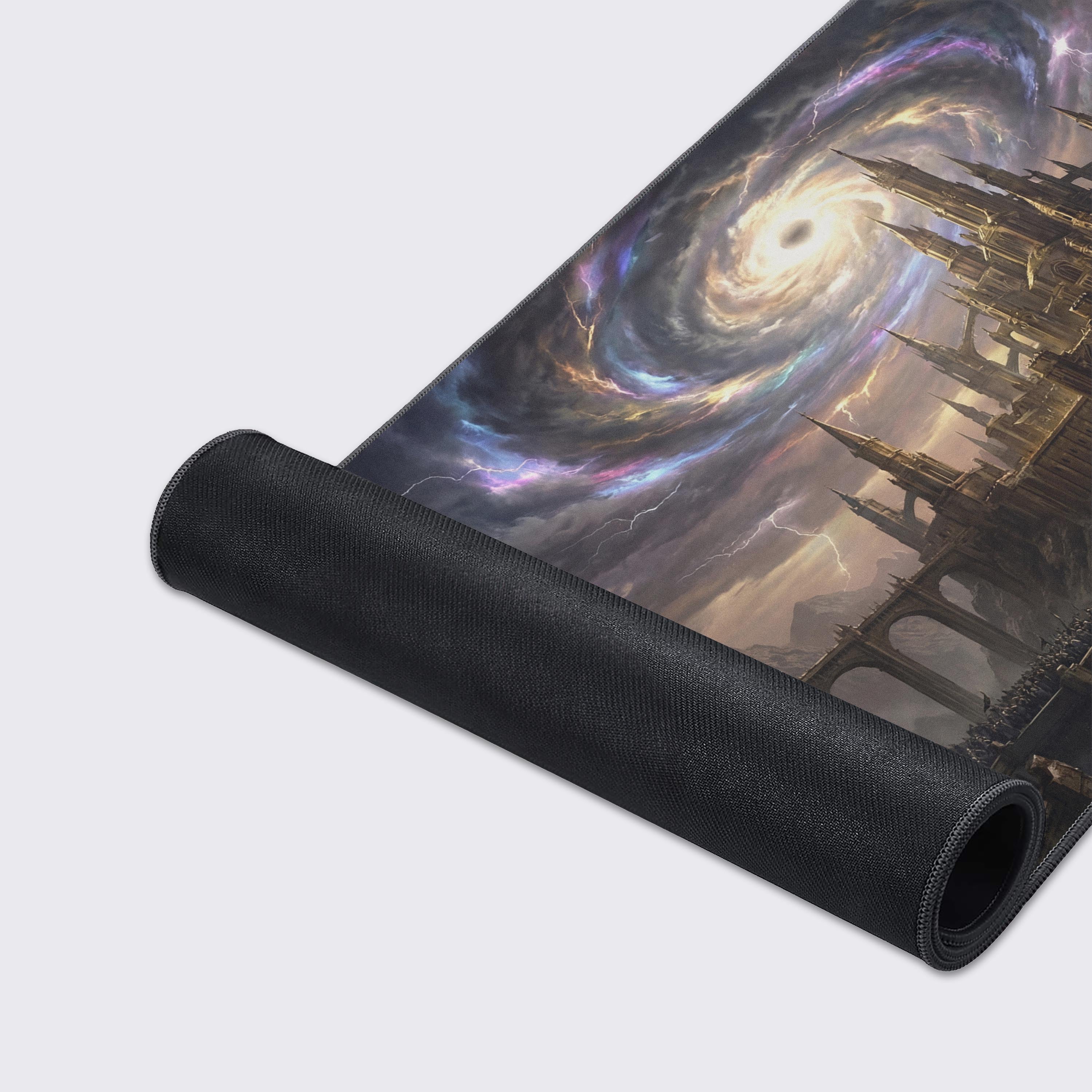 A close-up of the Celestial Siege gaming desk mat showcasing its smooth fabric texture, durable stitched edges, and the detailed artwork of the epic fortress and stormy sky. - Epic Design Pads & Mousepads