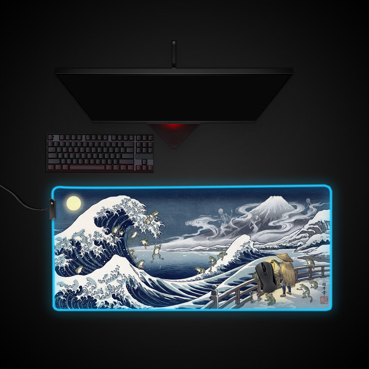 Spectral Great Wave desk mat with RGB edge lighting