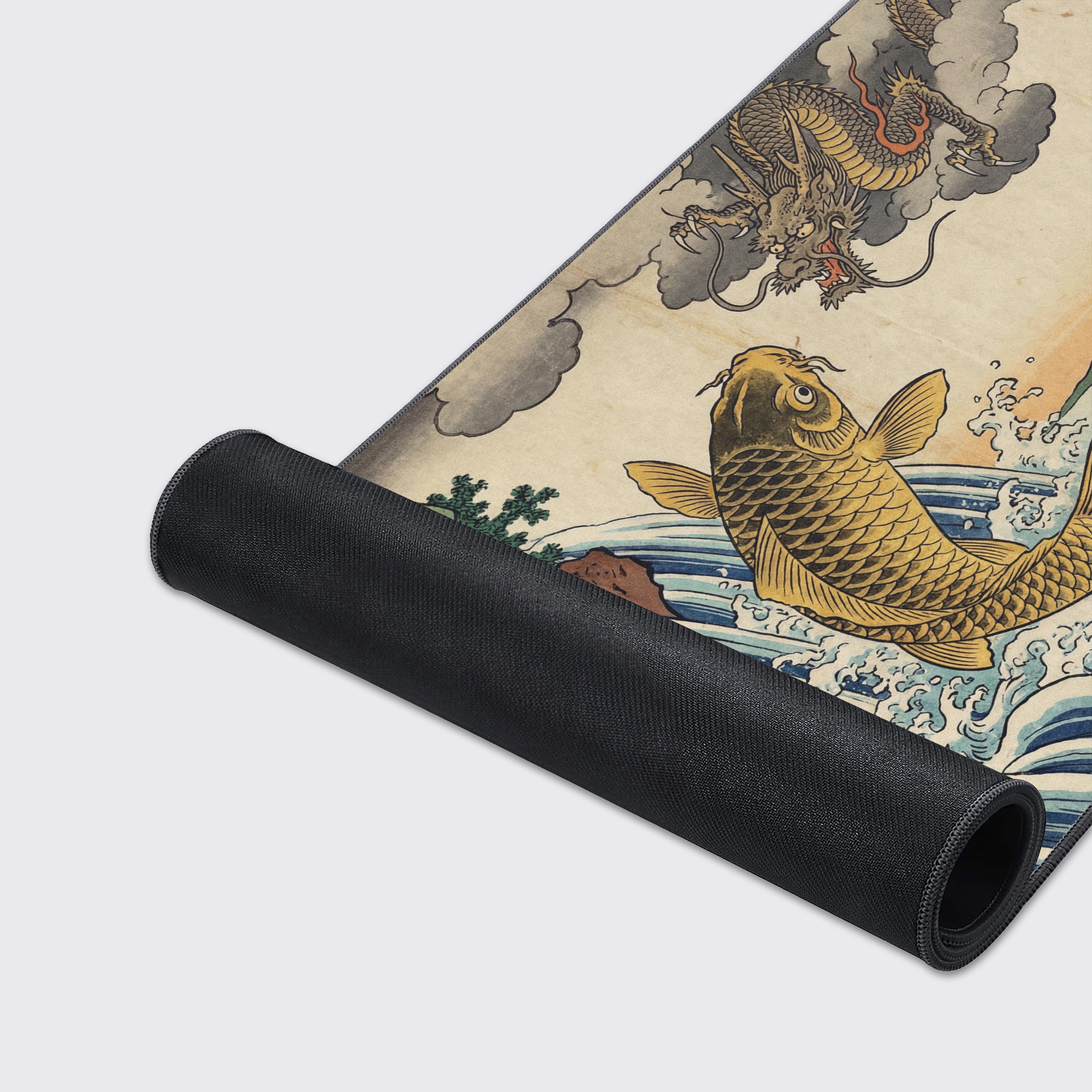 Close-up of the Leap of Legend gaming desk mat, highlighting the premium textured surface and durable stitched edges. The detailed Japanese artwork shows a golden koi. - Epic Design Pads & Mousepads