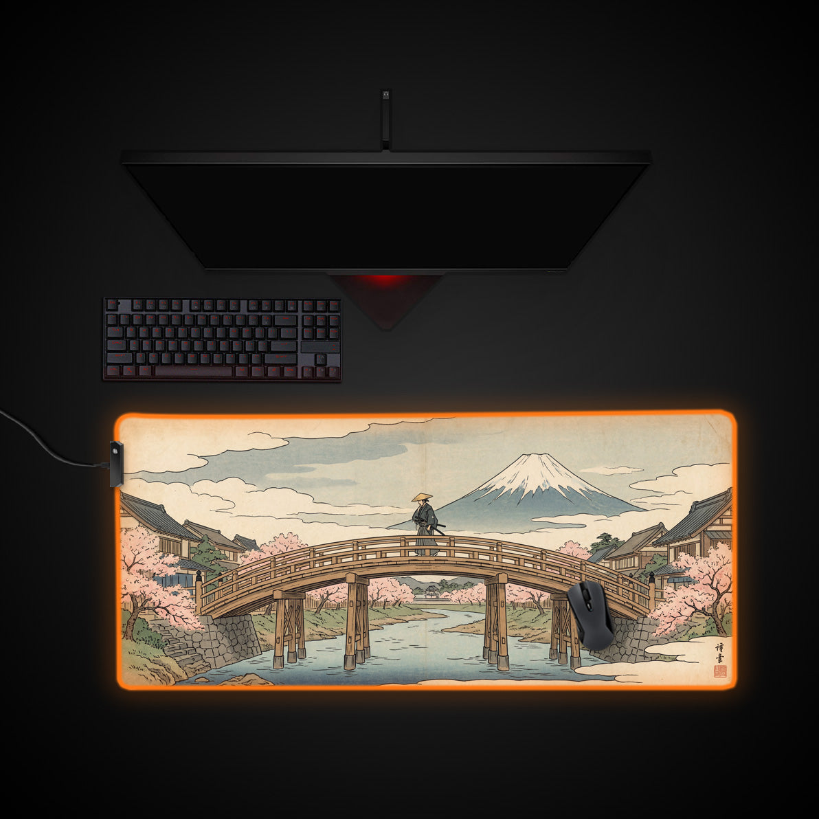 The Ronin’s Crossing desk mat with RGB edge lighting