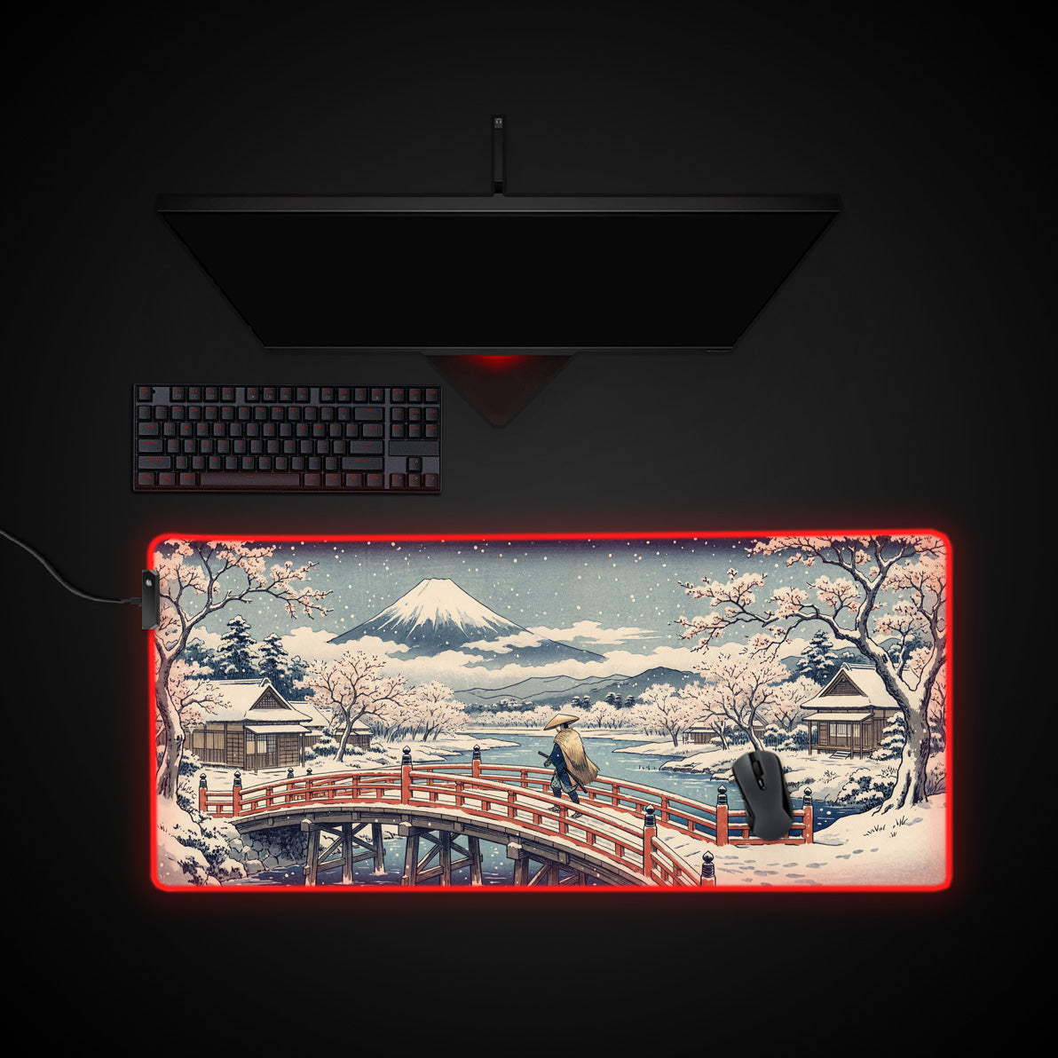 Winter Zen Path desk mat with RGB edge lighting