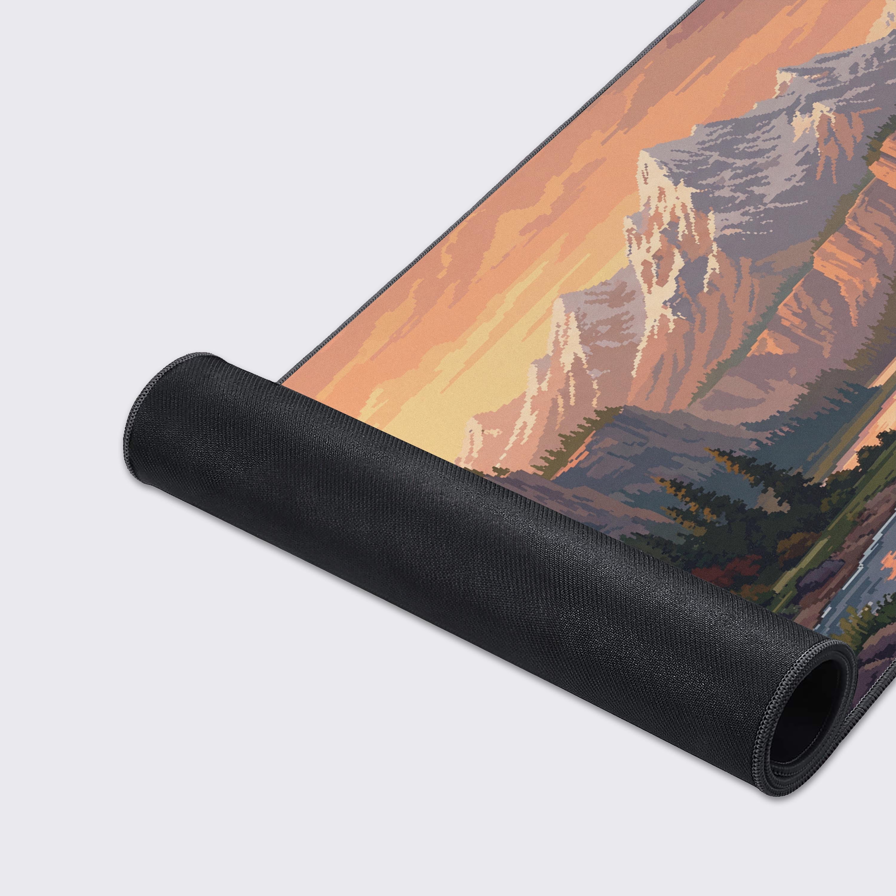 A close-up of the 8-Bit Horizon mouse pad showcasing the detailed pixel art design and durable anti-fray stitched edges. - Epic Design Pads & Mousepads