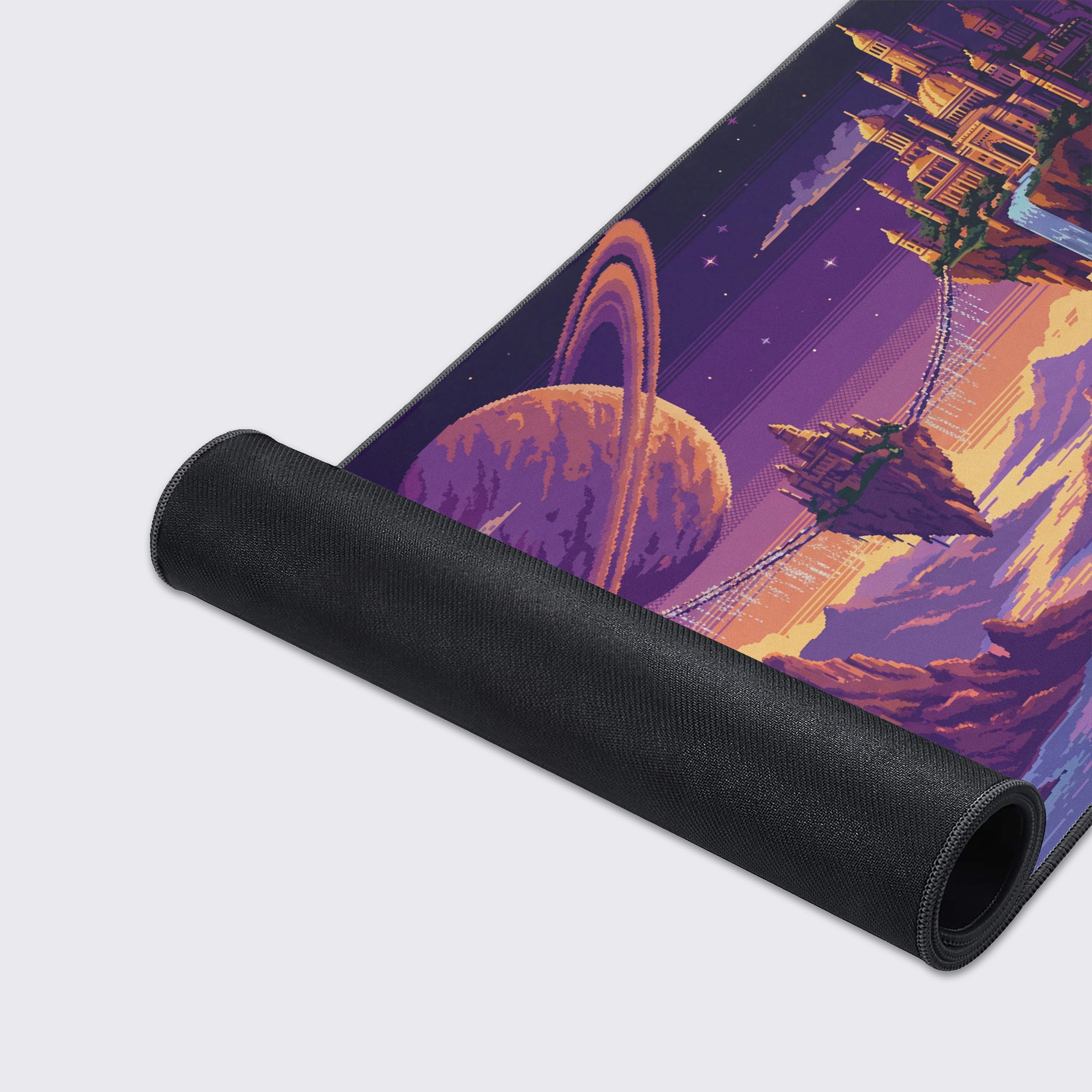 A detailed close-up of the Celestial Pixel Isles gaming desk mat, showcasing the fine texture of the surface and the durable anti-fray stitched edges. - Epic Design Pads & Mousepads
