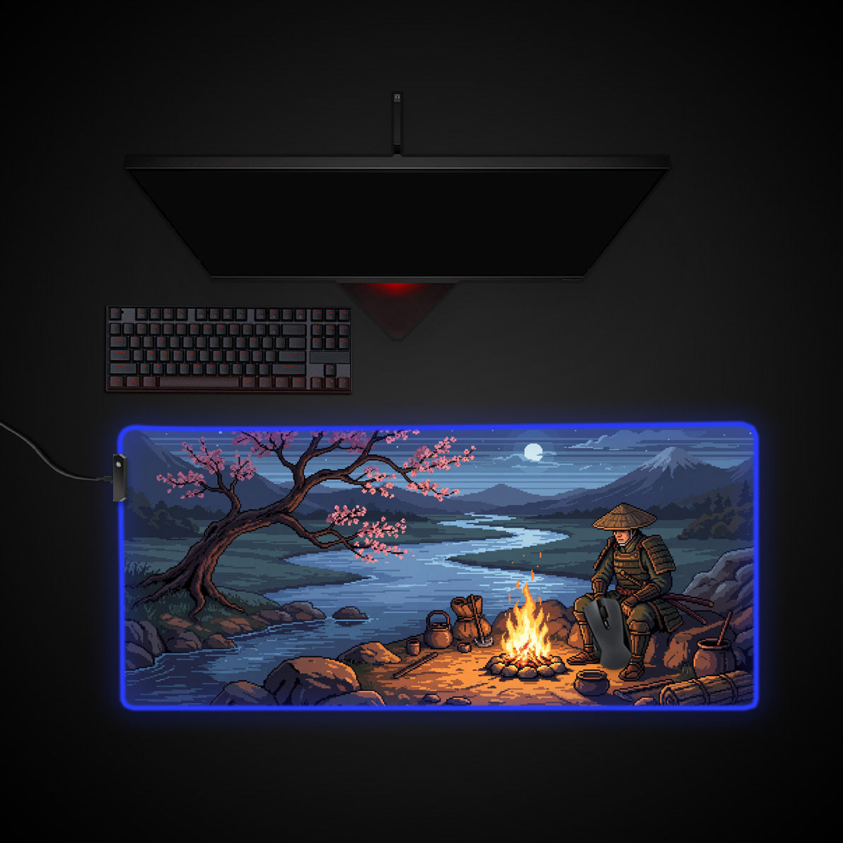 Ronin's Respite desk mat with RGB edge lighting