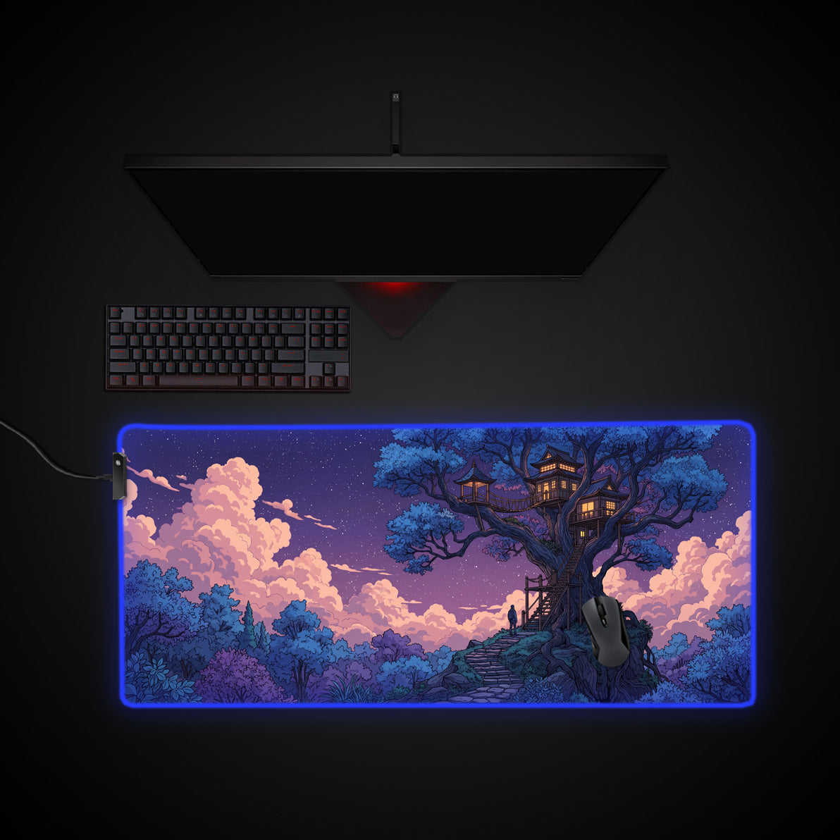 Dreamer's Ascent desk mat with RGB edge lighting