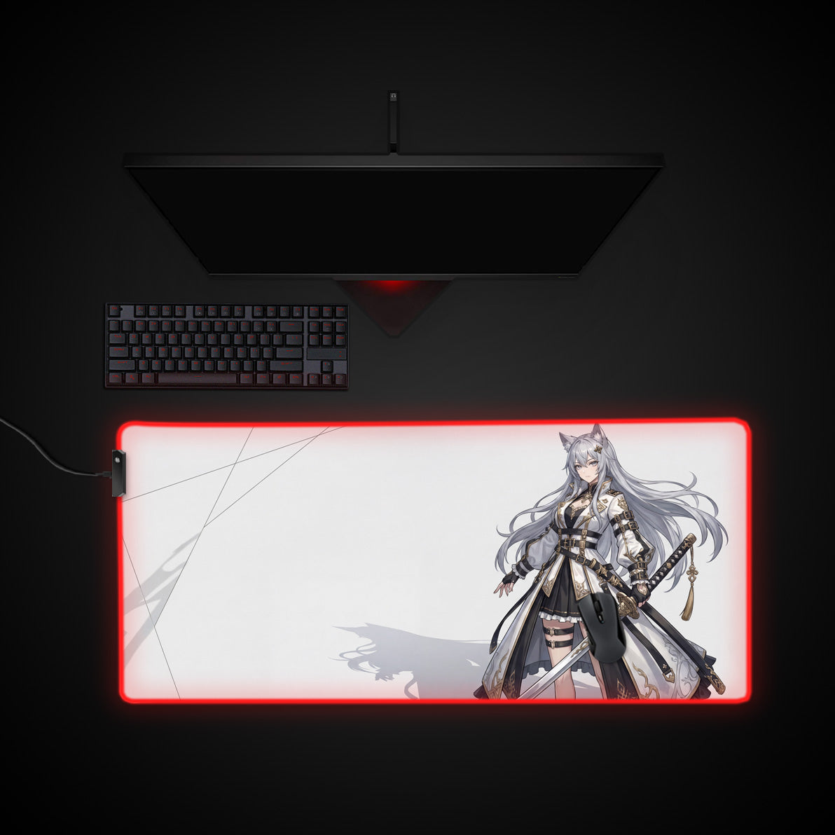 Silver Vanguard desk mat with RGB edge lighting