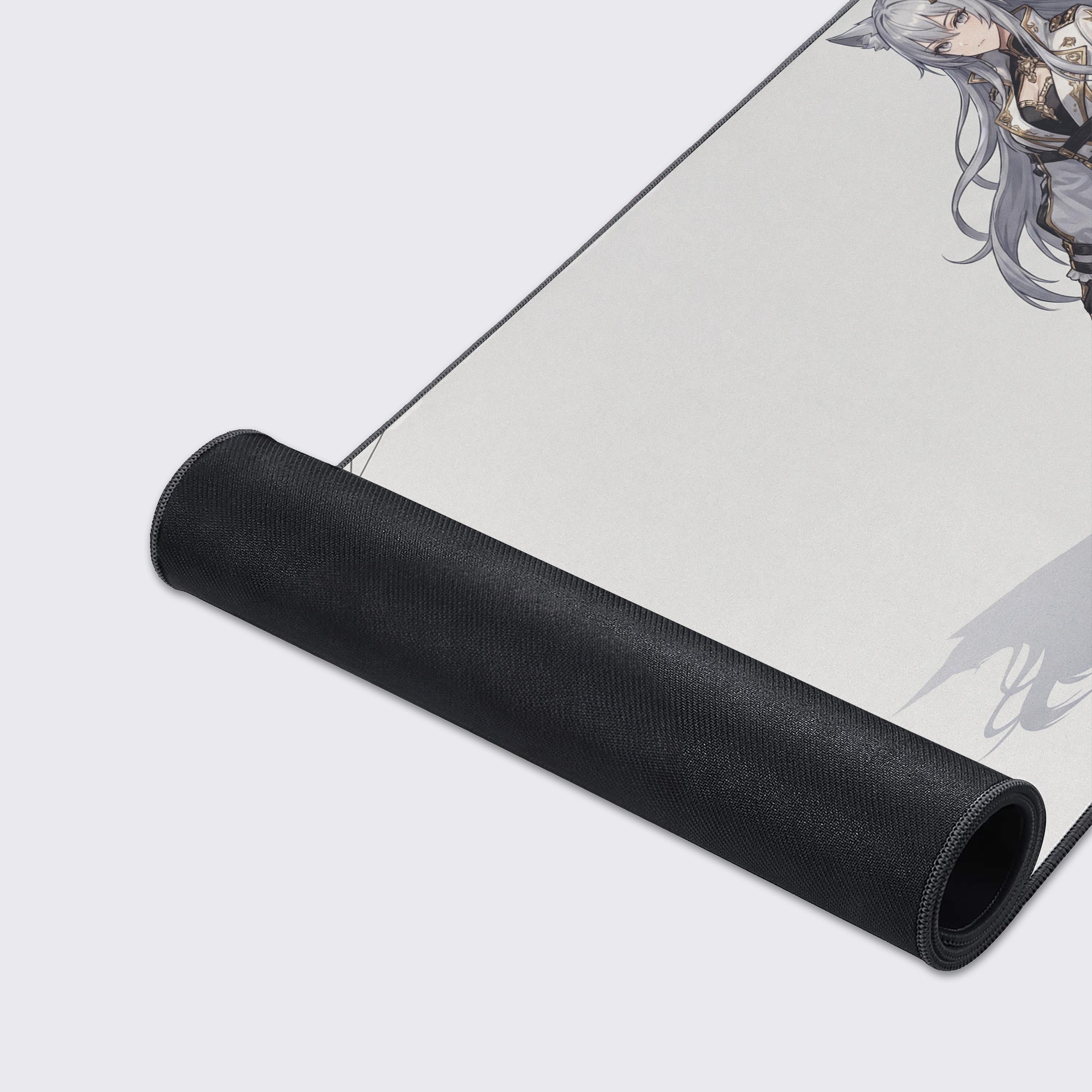Close-up of the Silver Vanguard gaming desk mat showing the detailed anime artwork, smooth fabric texture, and durable anti-fray stitched edges. - Epic Design Pads & Mousepads