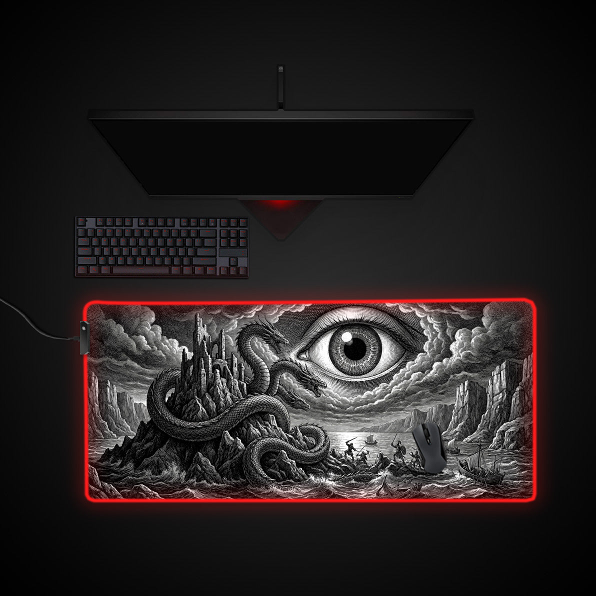 Abyssal Gaze desk mat with RGB edge lighting