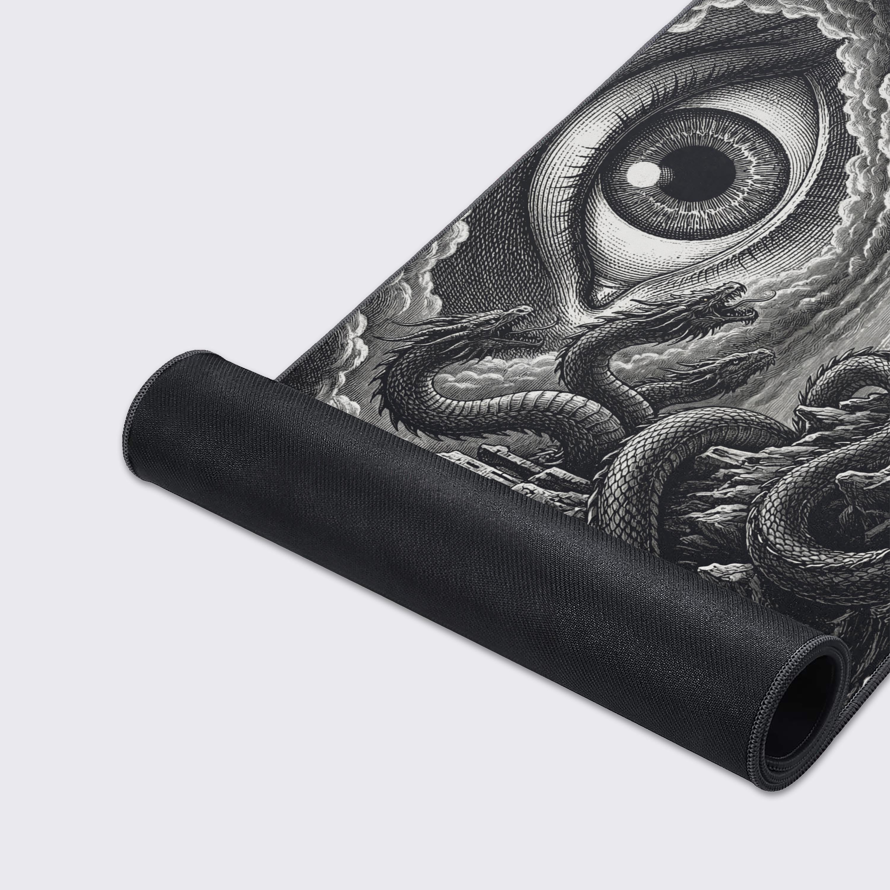 Close-up on the detailed, durable stitched edges and smooth fabric texture of the Abyssal Gaze mouse pad, highlighting the intricate black and white hydra artwork. - Epic Design Pads & Mousepads
