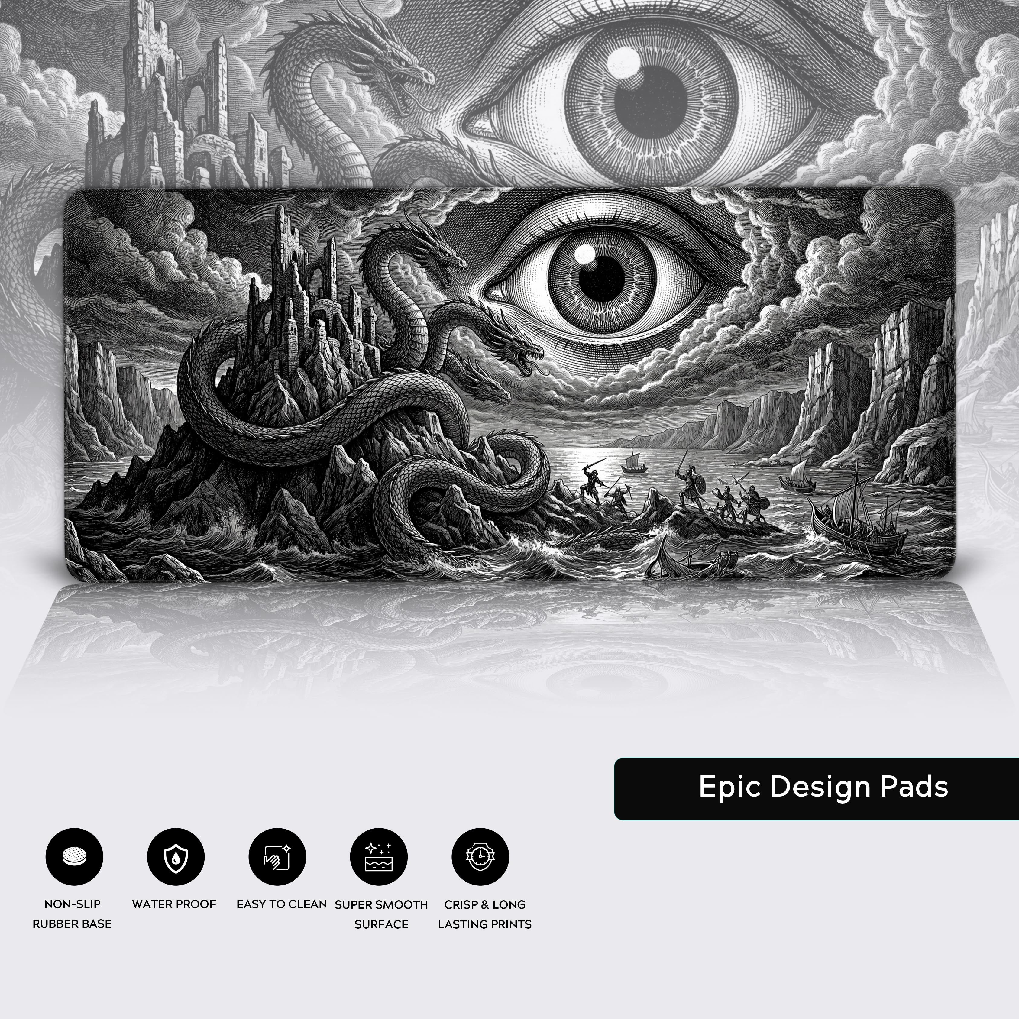 Abyssal Gaze Hydra – Dark Fantasy Desk Mat, XL Engraving Style