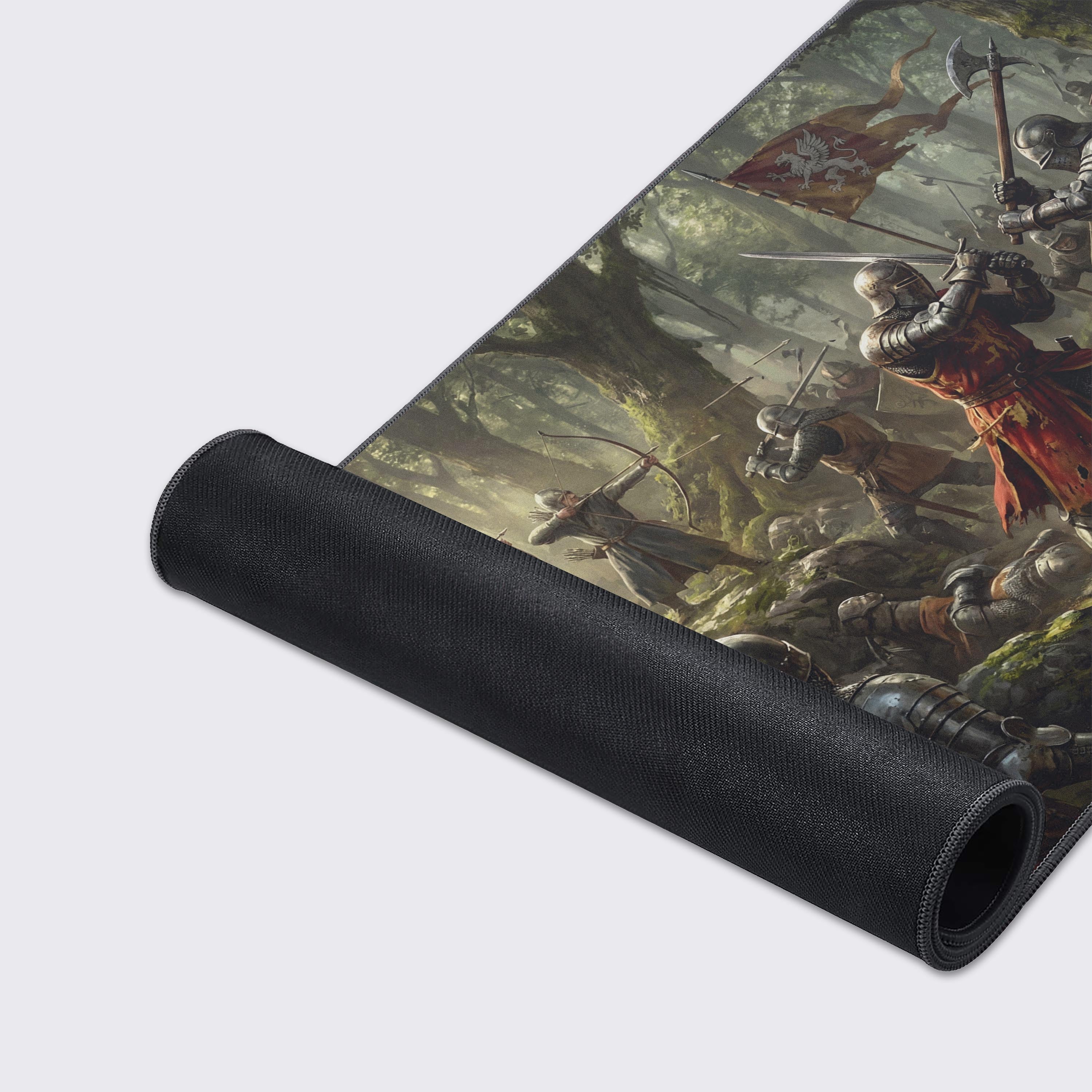 A close-up of the Forest Ambush Mouse Pad, highlighting the high-definition artwork of clashing knights and the durable, anti-fray stitched edges for long-lasting use. - Epic Design Pads & Mousepads