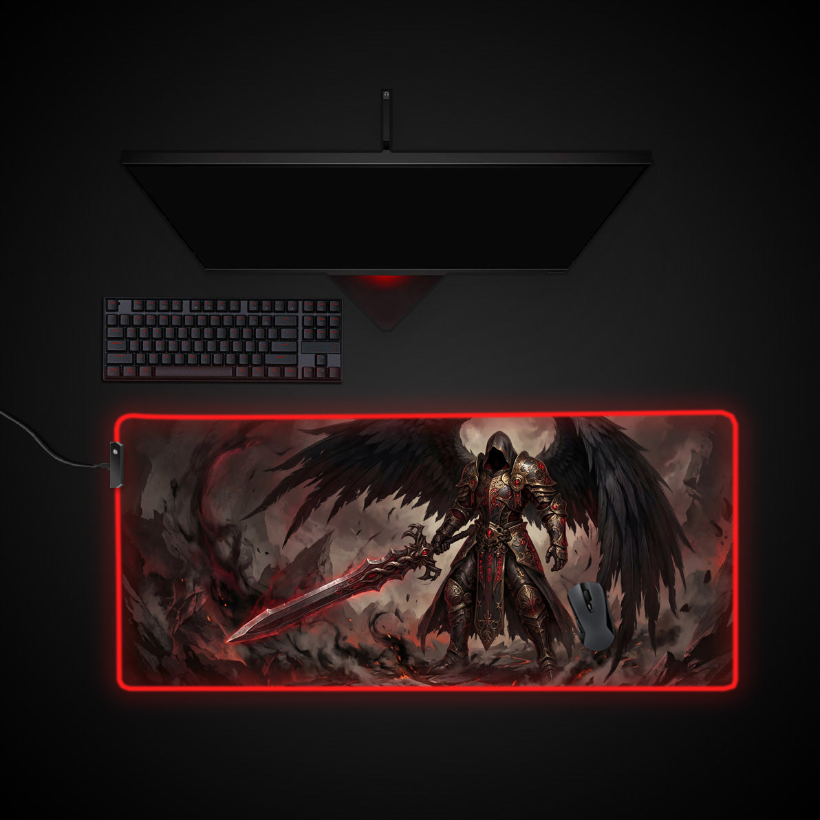 Fallen Angel desk mat with RGB edge lighting