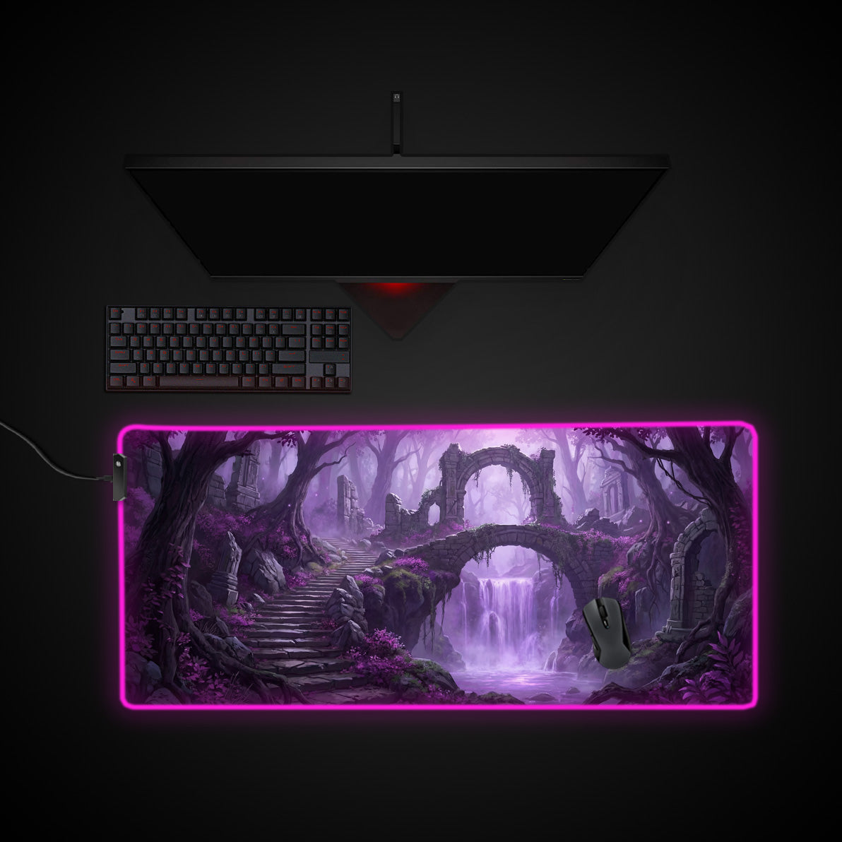 Violet Ruins desk mat with RGB edge lighting
