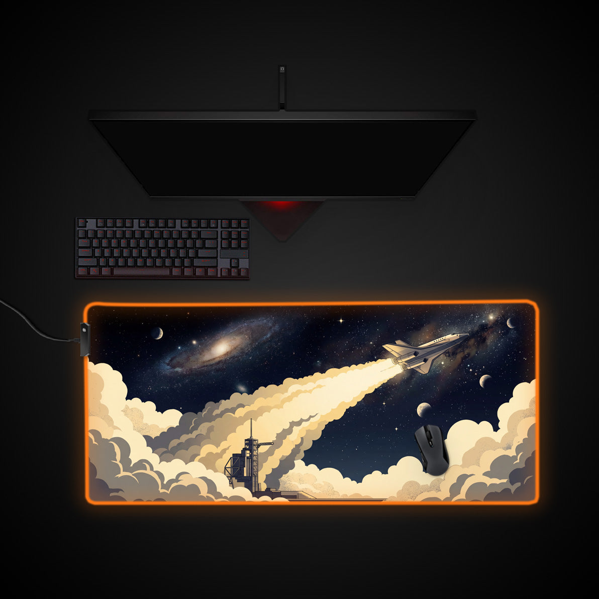Cosmic Launch desk mat with RGB edge lighting