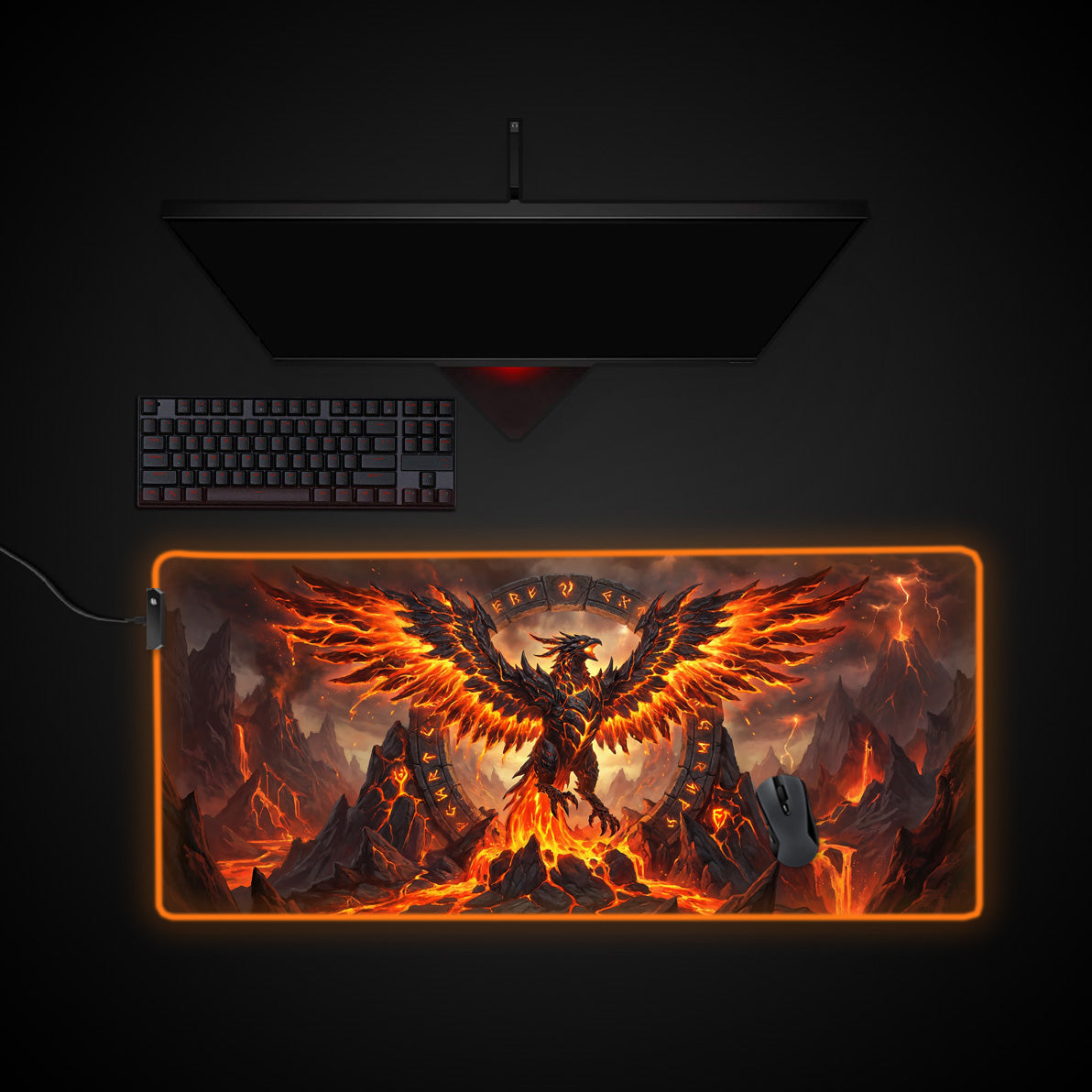 Infernal Rise desk mat with RGB edge lighting