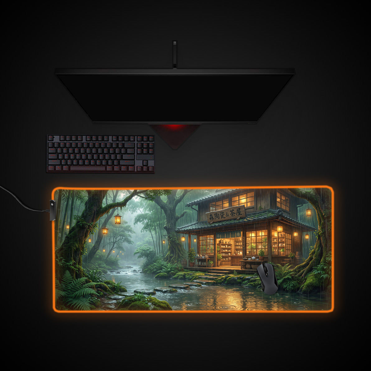 Rainy Tea House desk mat with RGB edge lighting