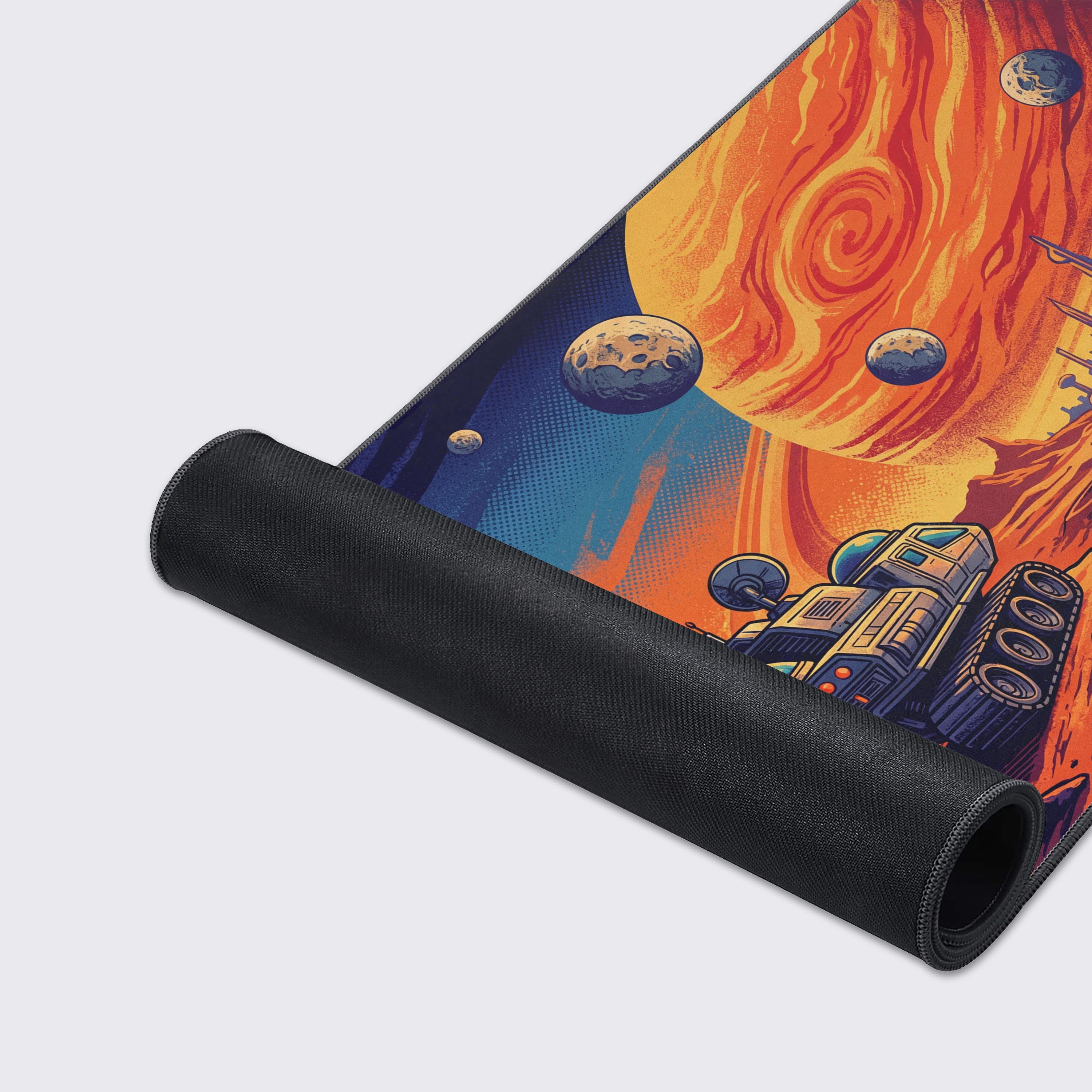 A detailed close-up of the Orbital Outpost gaming desk mat, highlighting the fine texture of the surface and the quality stitched edges surrounding the sci-fi rover artwork. - Epic Design Pads & Mousepads