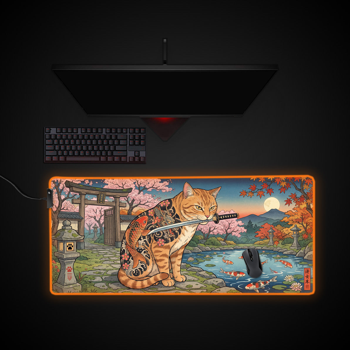Yakuza Neko desk mat with RGB edge lighting