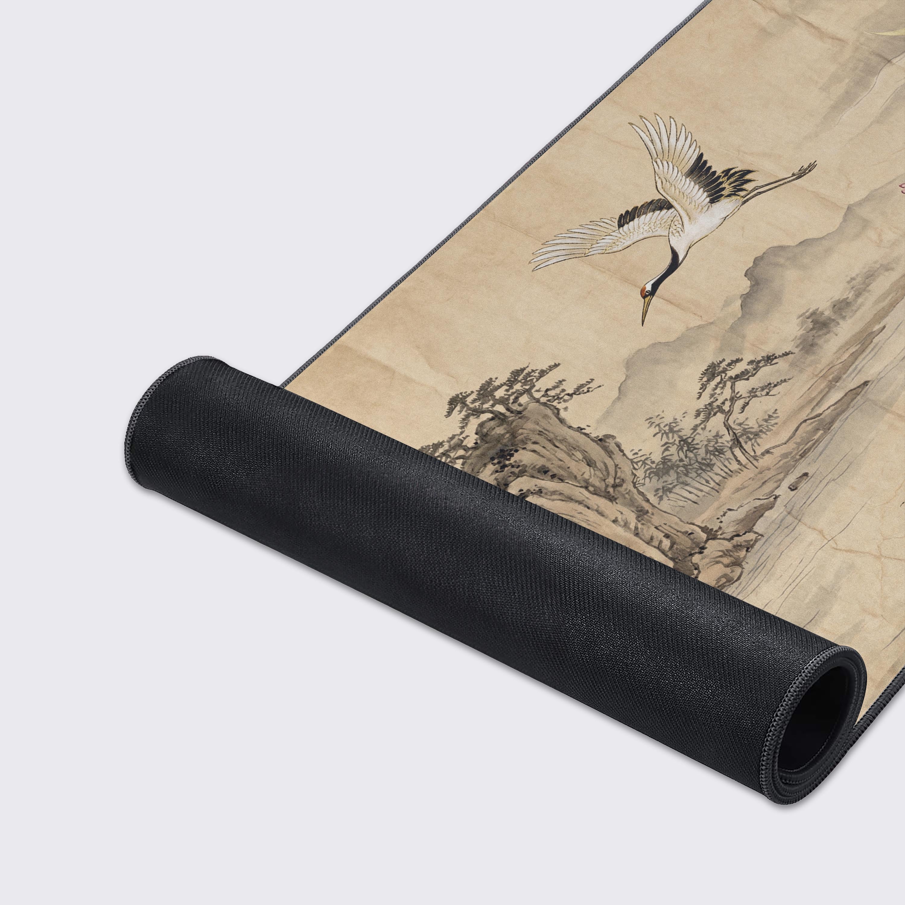 Close-up of the Timeless Voyage gaming desk mat highlighting its smooth fabric texture, stitched edges, and the beautiful Shan Shui landscape design. - Epic Design Pads & Mousepads