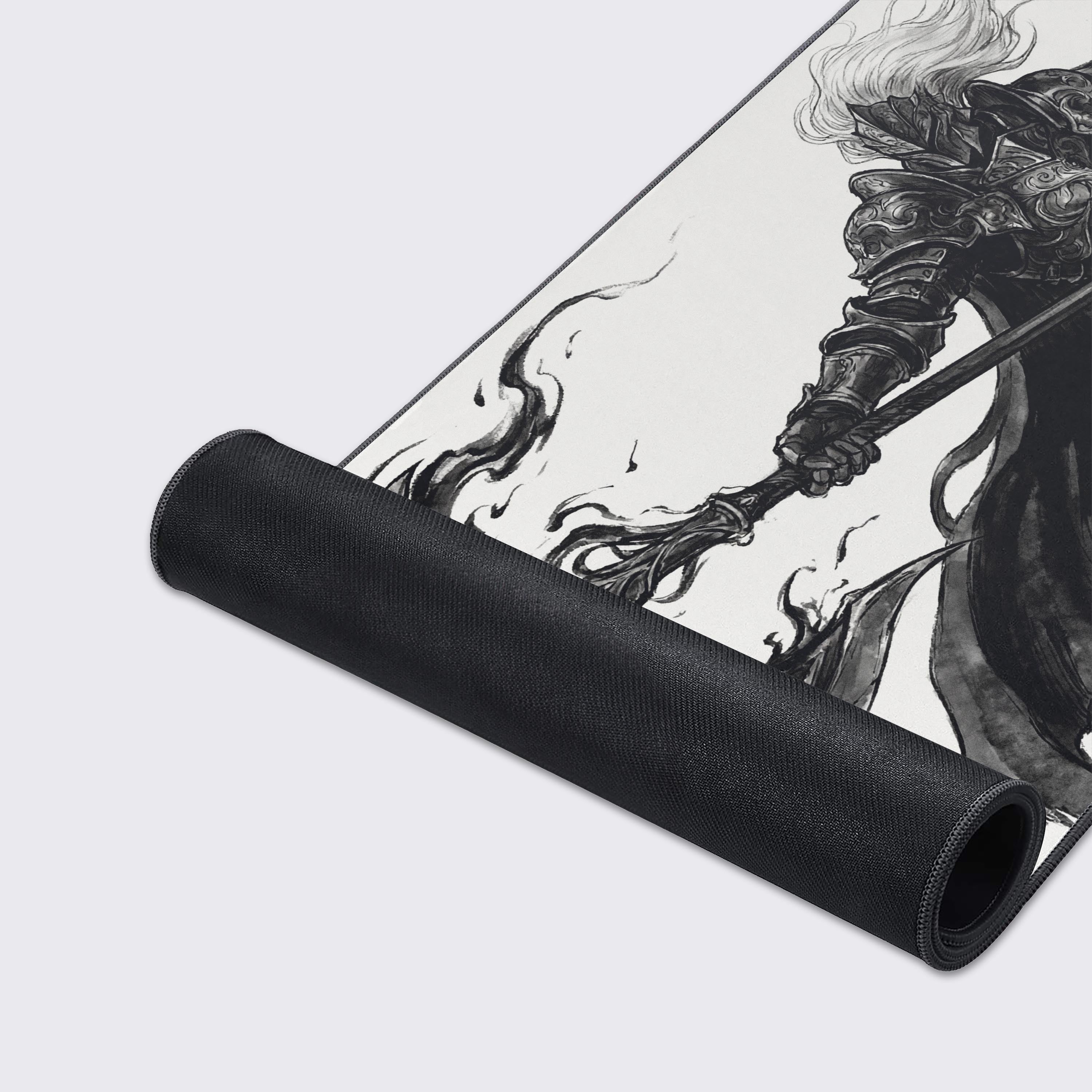 A close-up of the Void Vanguard gaming desk mat showcasing the high-quality stitched edges and smooth fabric texture of the dark fantasy knight artwork. - Epic Design Pads & Mousepads