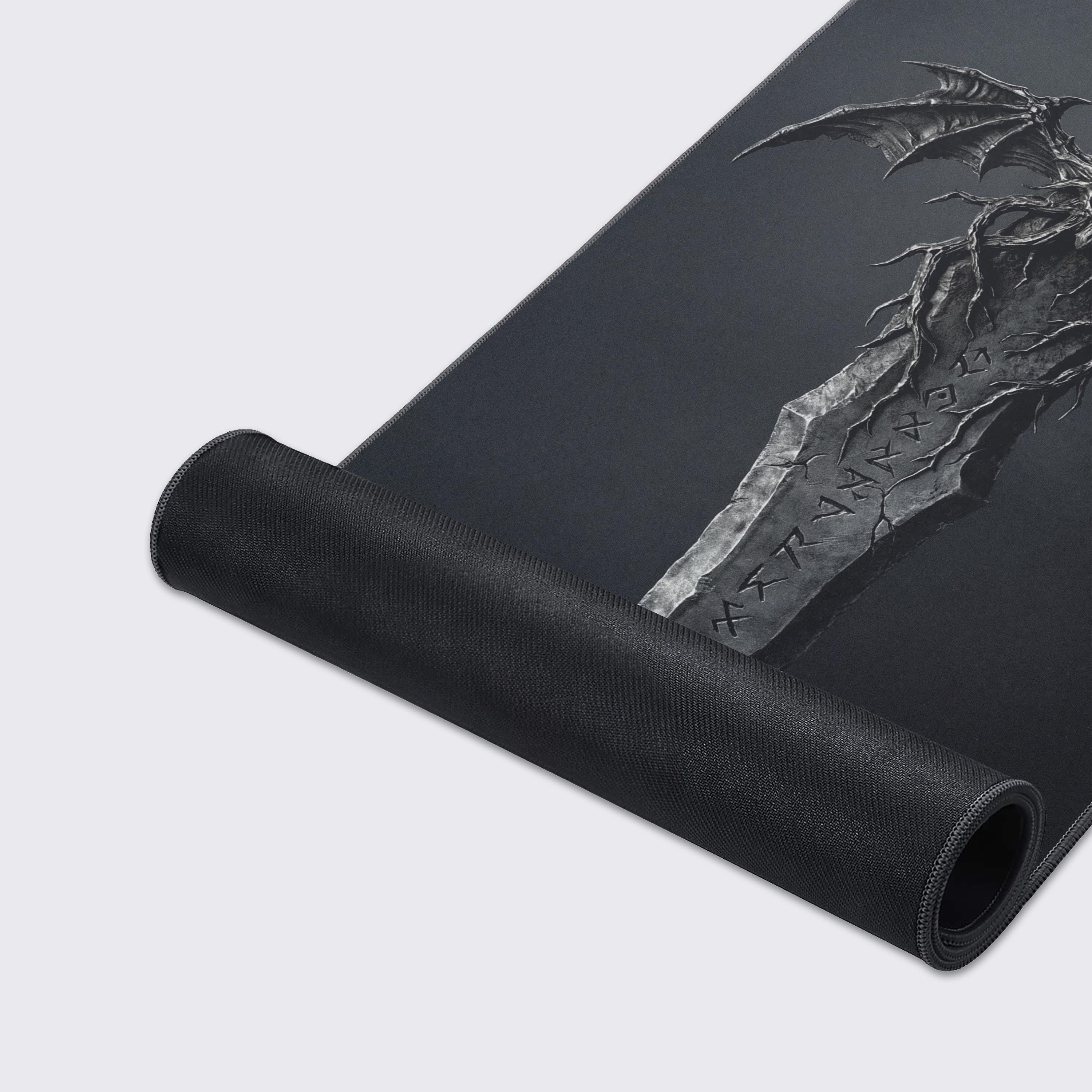 A close-up of the Cursed Steel gaming desk mat, showcasing its detailed sword artwork, smooth fabric texture, and durable stitched edges for long-lasting use. - Epic Design Pads & Mousepads
