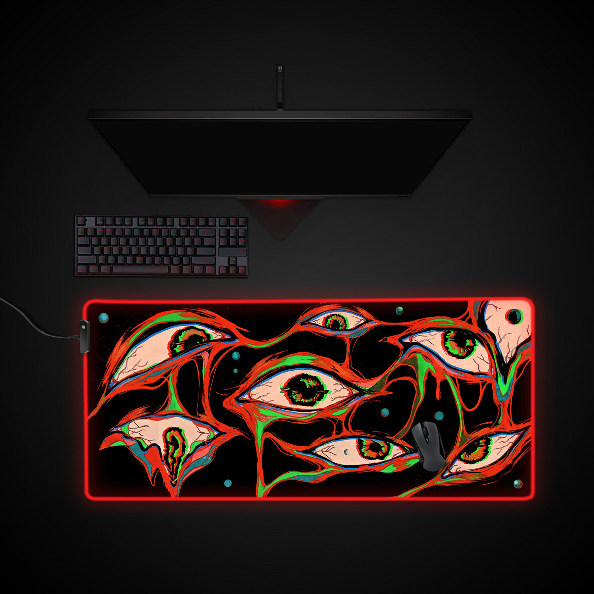 Glitch Gaze desk mat with RGB edge lighting