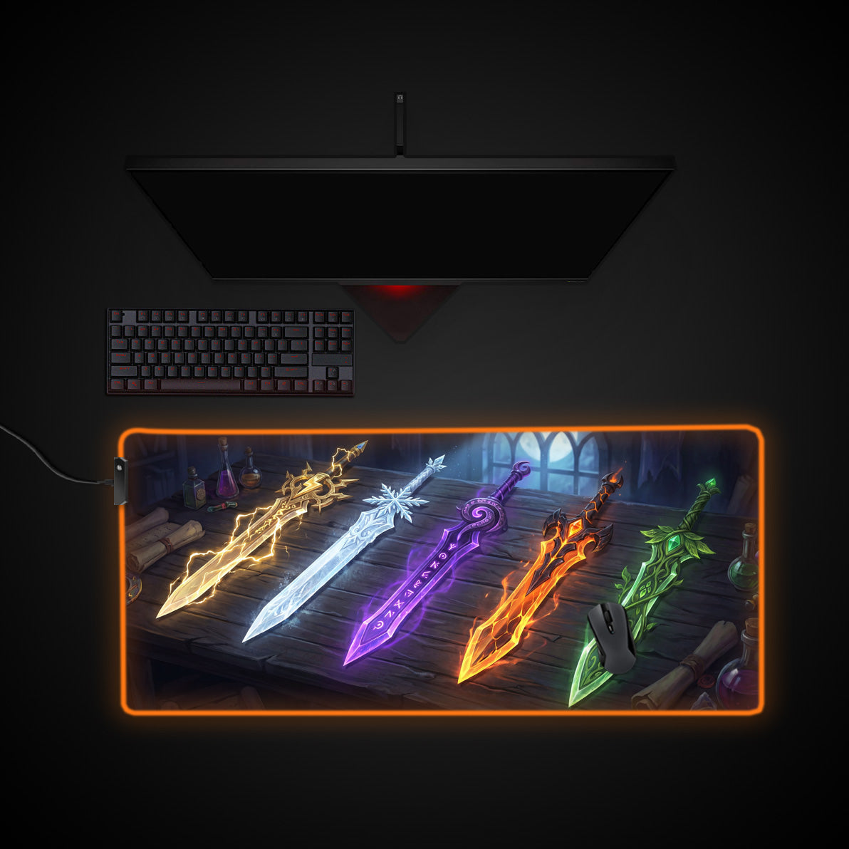Five Fates desk mat with RGB edge lighting