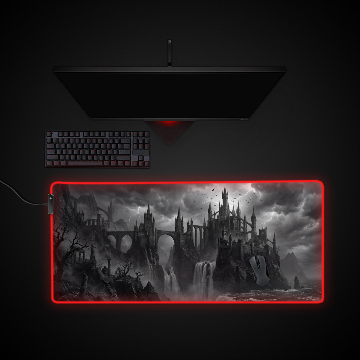 Forgotten Fortress desk mat with RGB edge lighting