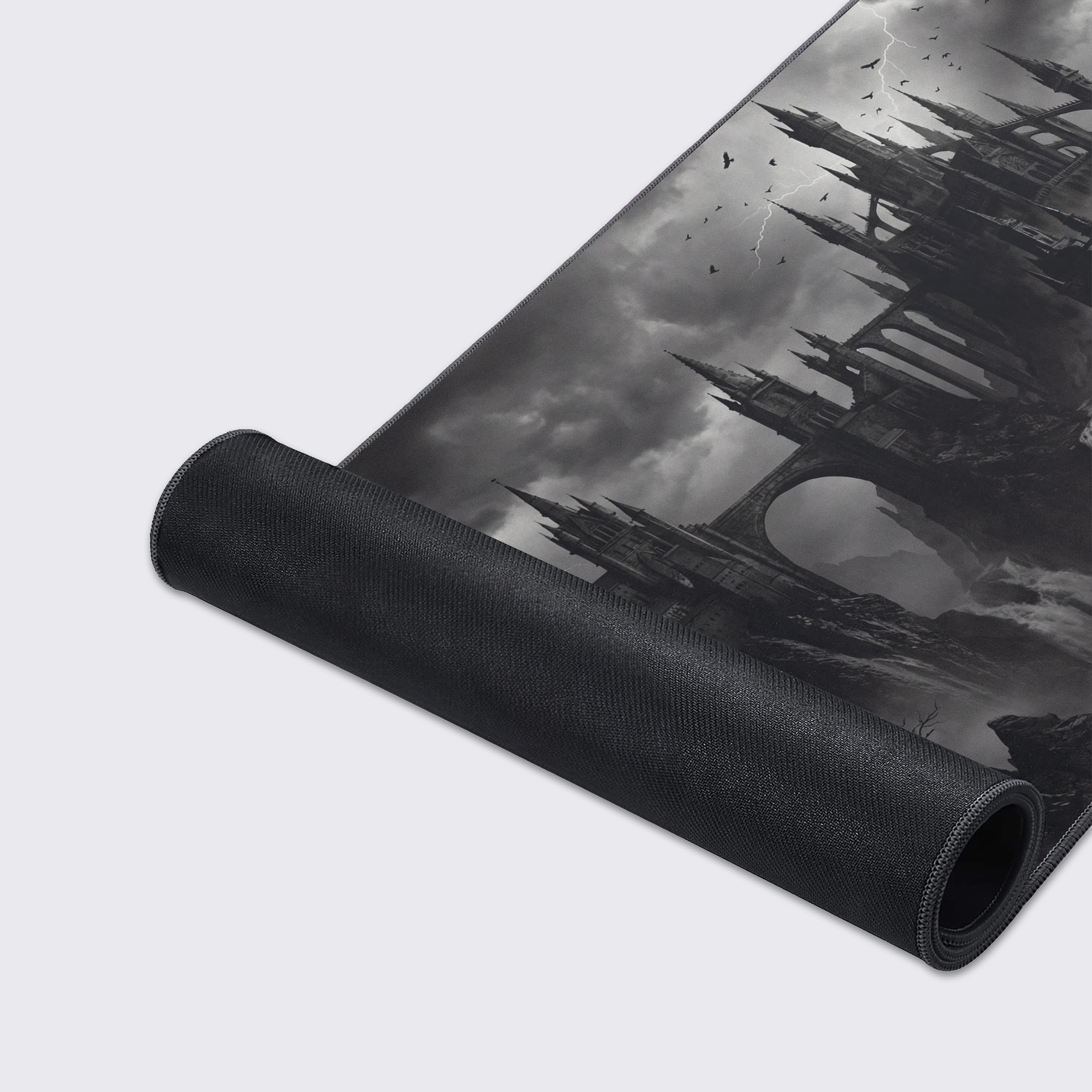 A close-up of the Forgotten Fortress gaming desk mat, highlighting the high-quality fabric texture and stitched edges of the epic black and white castle landscape. - Epic Design Pads & Mousepads