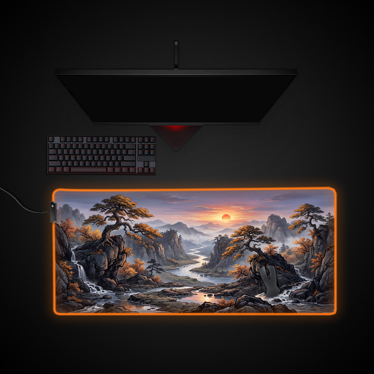 Amber Horizon desk mat with RGB edge lighting