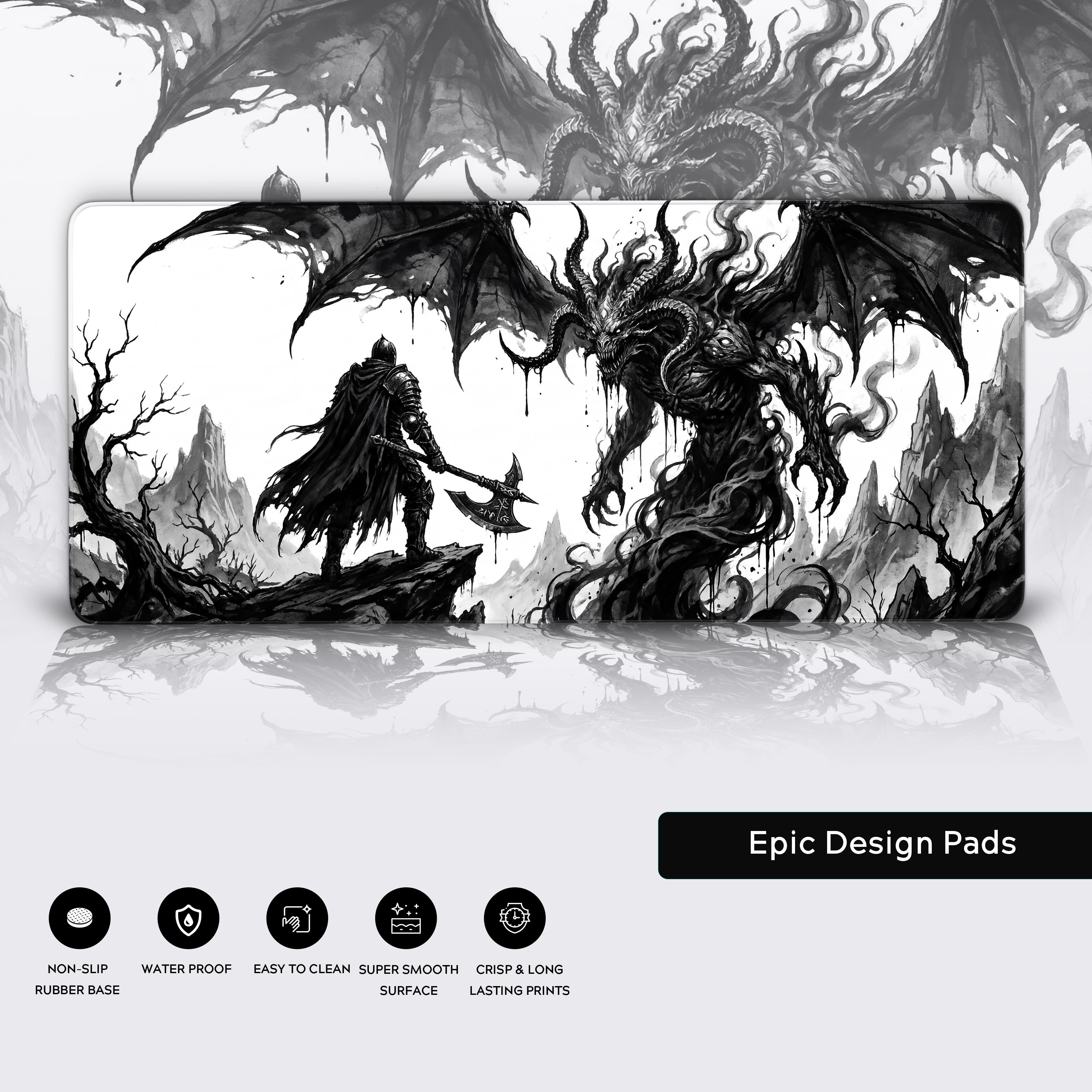 Abyssal Confrontation – Dark Fantasy Gaming Desk Mat, XL Ink Wash