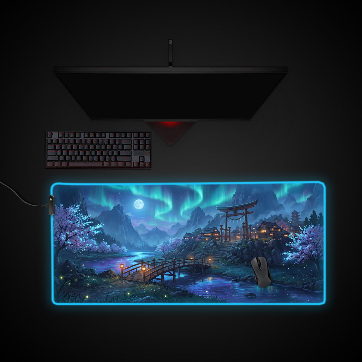 Aurora Shrine desk mat with RGB edge lighting