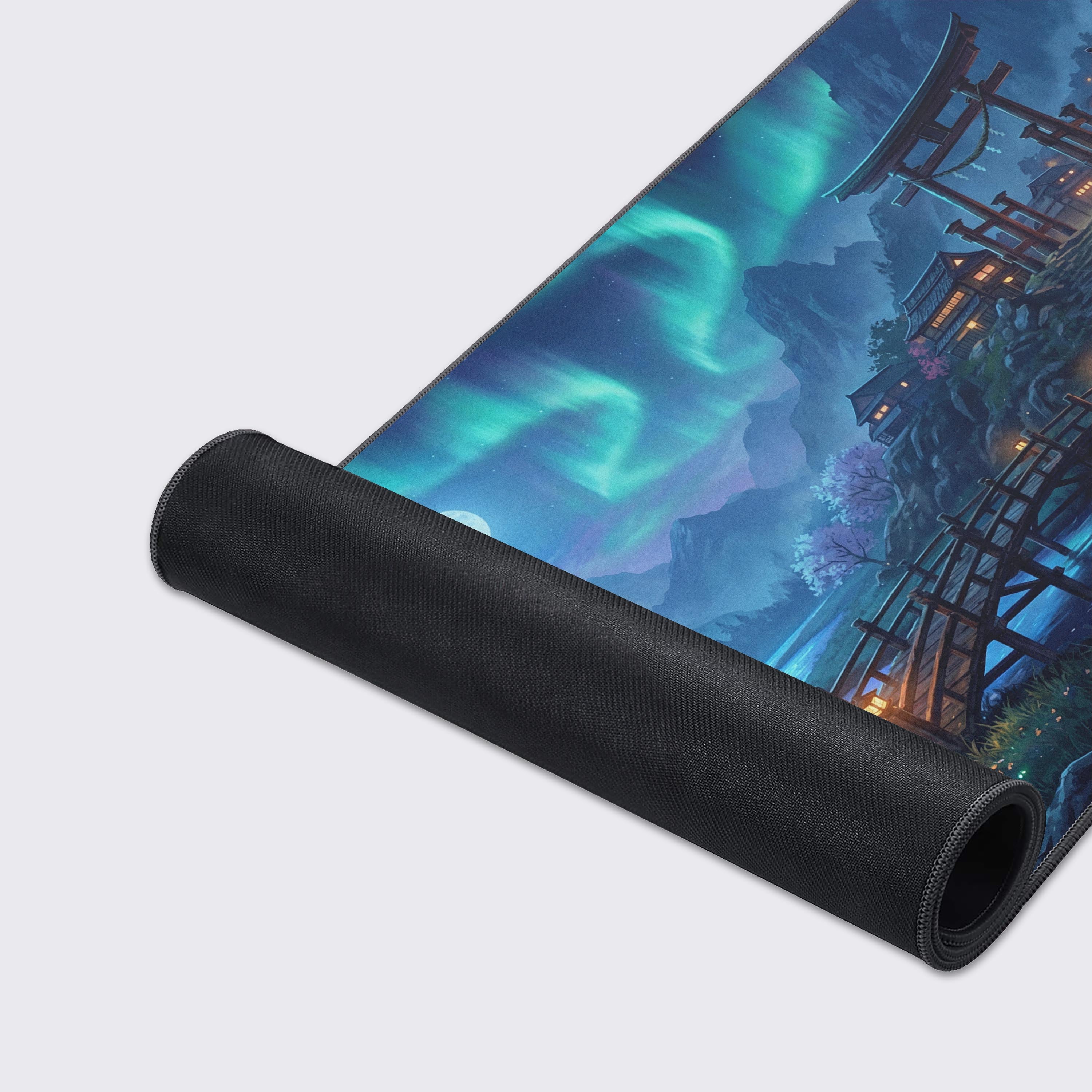 A close-up of the Aurora Shrine gaming desk mat highlighting the premium fabric texture and durable stitched edges against the beautiful Torii gate artwork. - Epic Design Pads & Mousepads