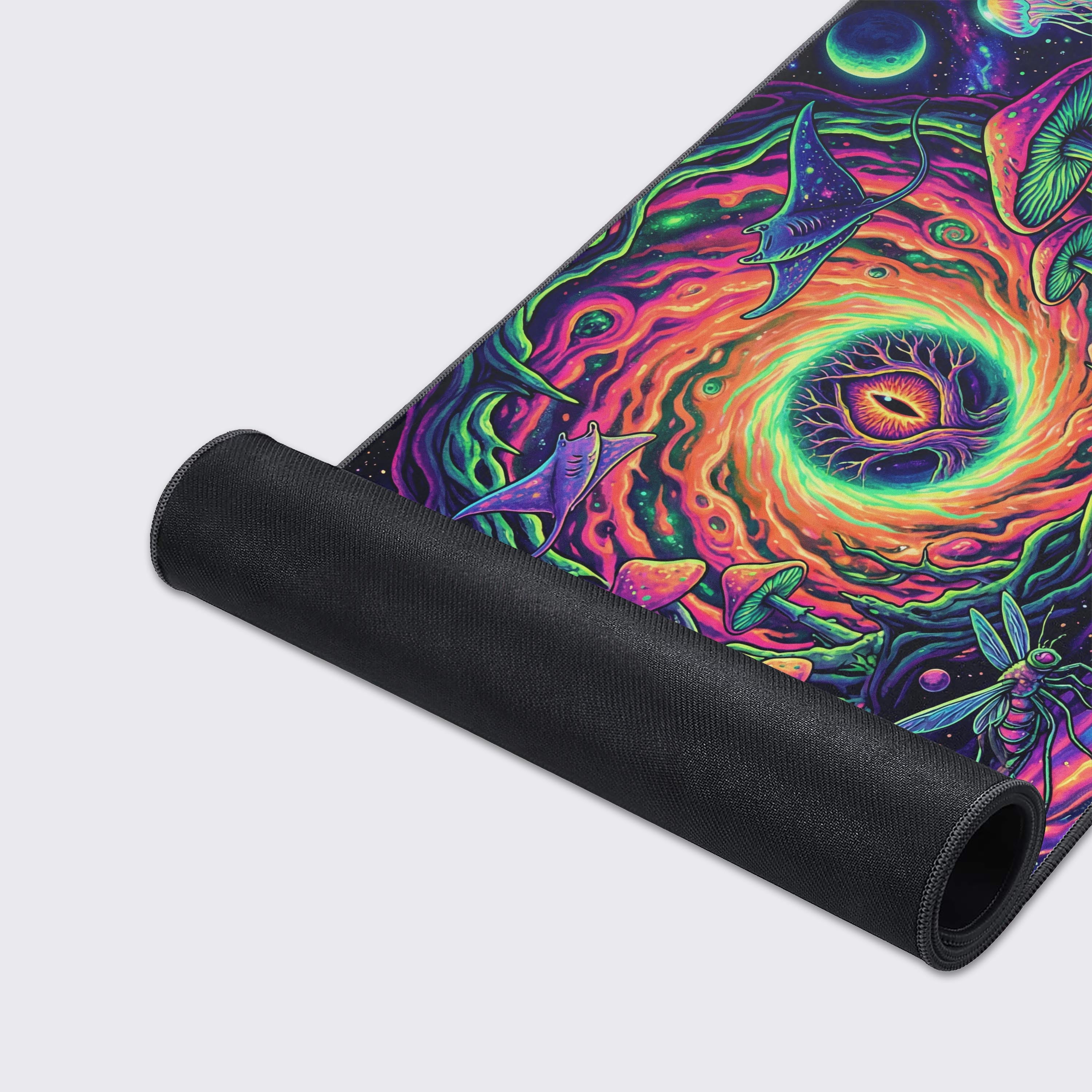 A close-up of the Psychedelic Realm gaming desk mat, highlighting the durable stitched edges and smooth fabric texture of the trippy mushroom and space design. - Epic Design Pads & Mousepads