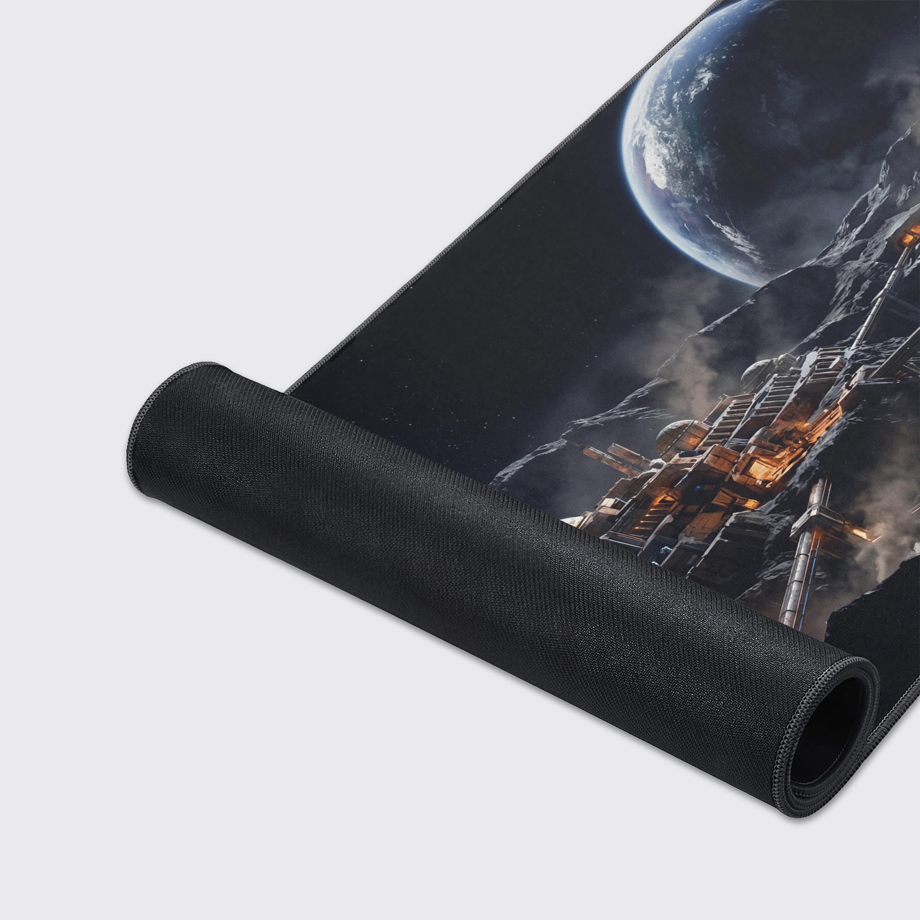 Close-up of the Lunar Frontier gaming desk mat showing the detailed moon colony art, smooth fabric texture, and durable anti-fray stitched edges. - Epic Design Pads & Mousepads