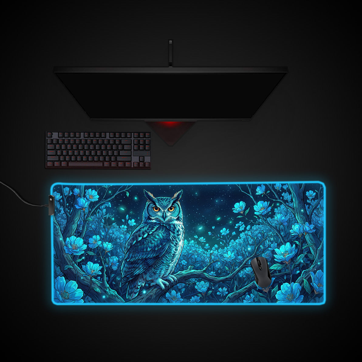 Nocturnal Wisdom desk mat with RGB edge lighting