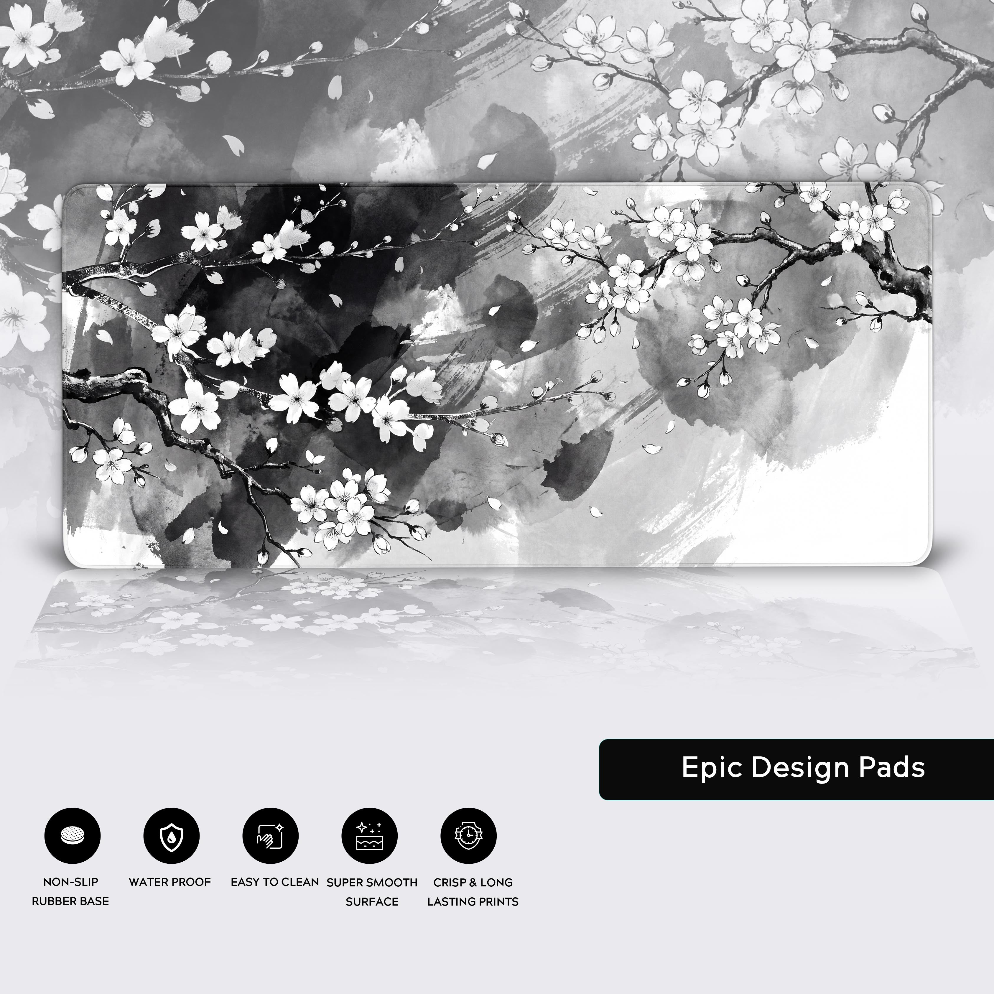 Silent Sakura – Japanese Ink Wash Gaming Desk Mat, XL Cherry