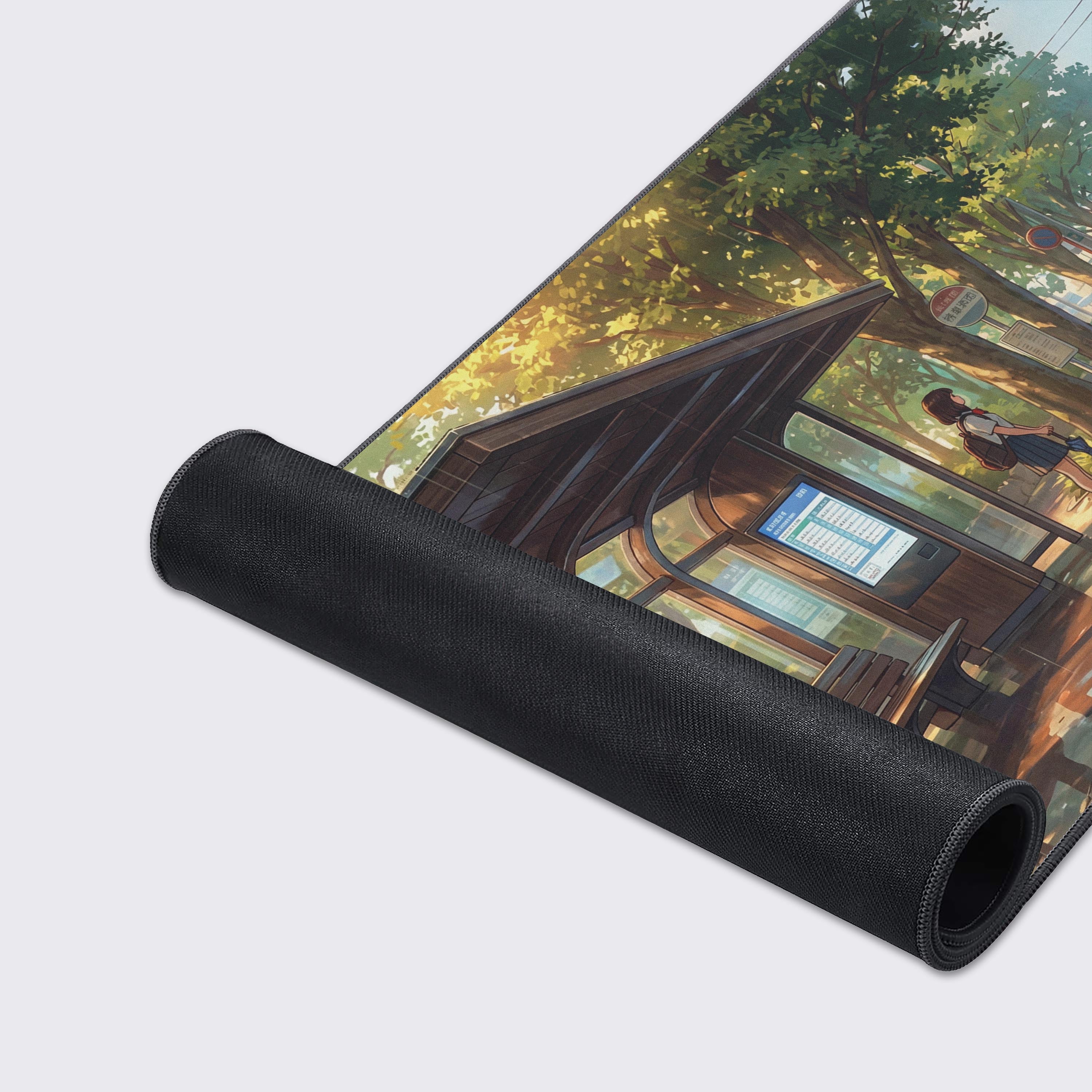 Close-up of the 'Waiting for Home' gaming desk mat, highlighting the high-quality print of the anime girl at the bus stop and the durable stitched edges. - Epic Design Pads & Mousepads
