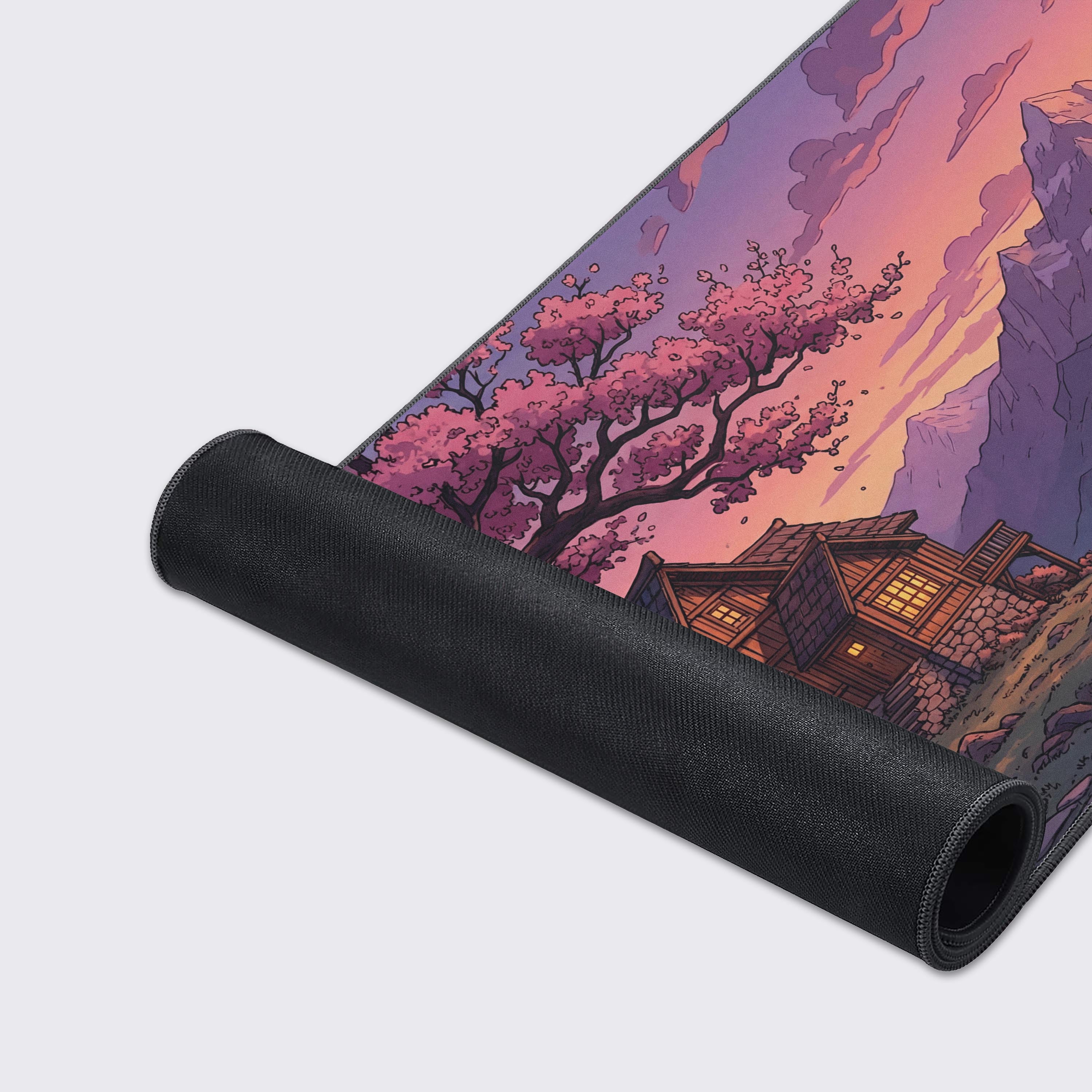 Close-up shot of the Cliffside Haven gaming desk mat, highlighting the detailed anime-style artwork, smooth fabric texture, and durable stitched edges for long-lasting use. - Epic Design Pads & Mousepads