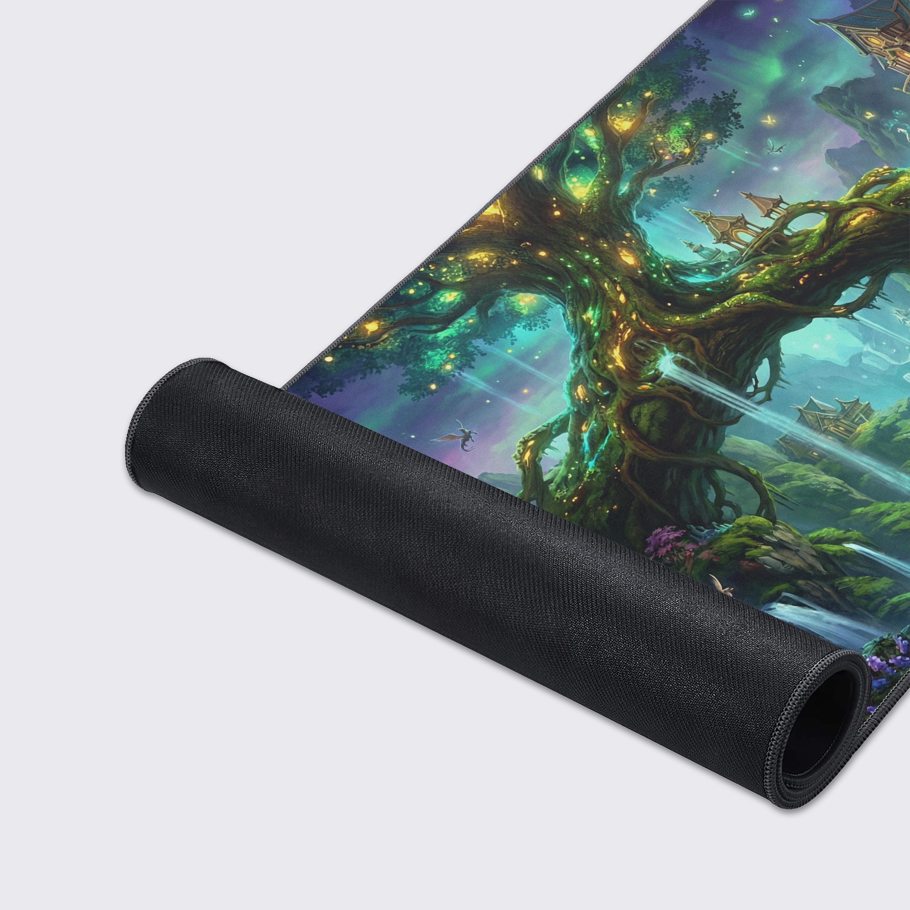 Close-up on the durable stitched edges and smooth fabric of the Enchanted Sanctuary mouse pad, detailing the vibrant, glowing artwork. - Epic Design Pads & Mousepads