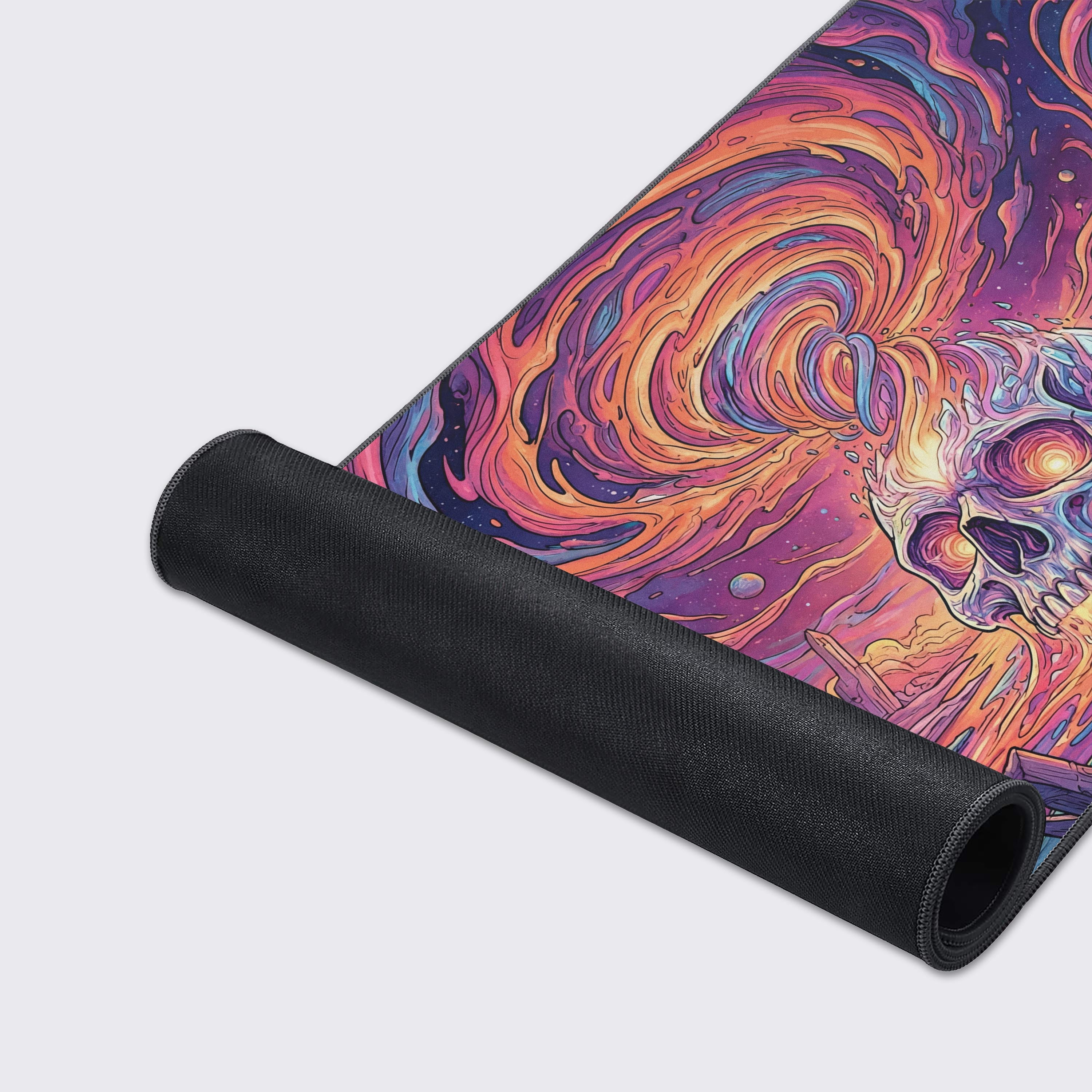 A close-up of the Mind Vortex gaming desk mat's premium stitched edges and smooth fabric texture, highlighting the detailed, colorful skull artwork. - Epic Design Pads & Mousepads