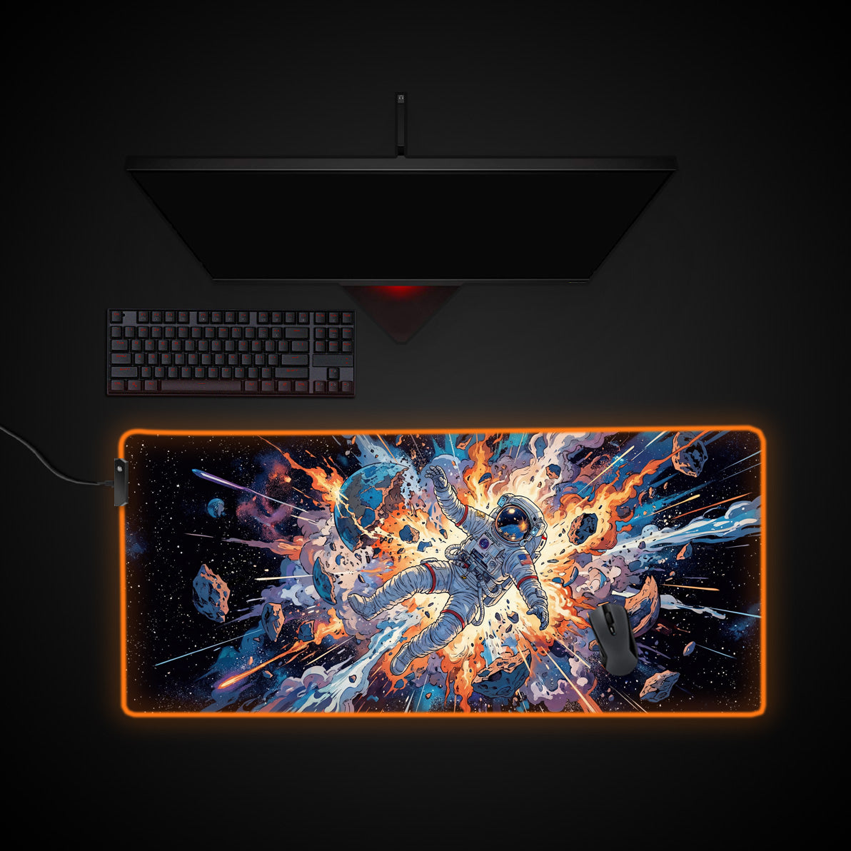 Space Explosion desk mat with RGB edge lighting