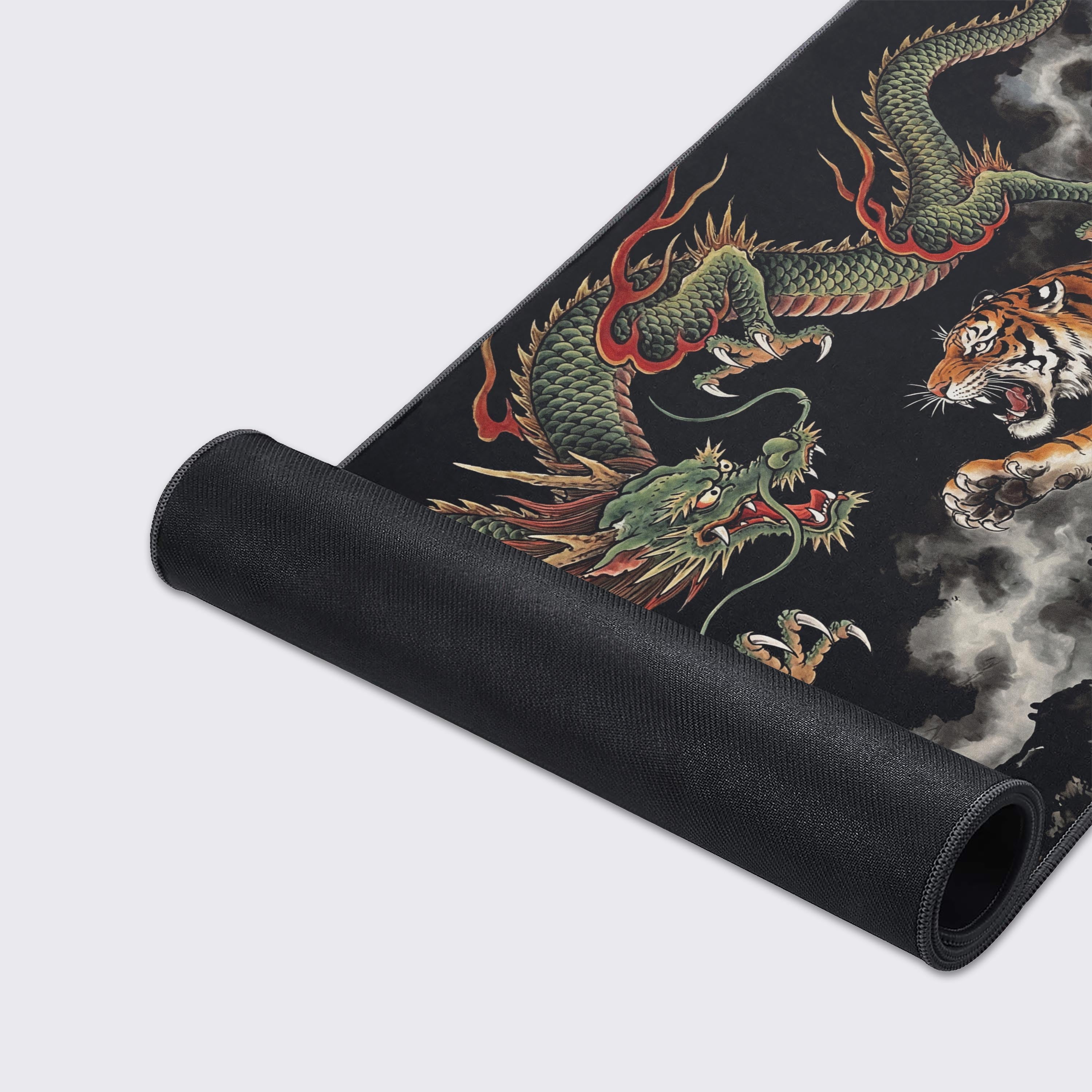Close-up of the Heaven and Earth mouse pad's high-quality textured surface and durable stitched edges, highlighting the detailed dragon artwork. - Epic Design Pads & Mousepads
